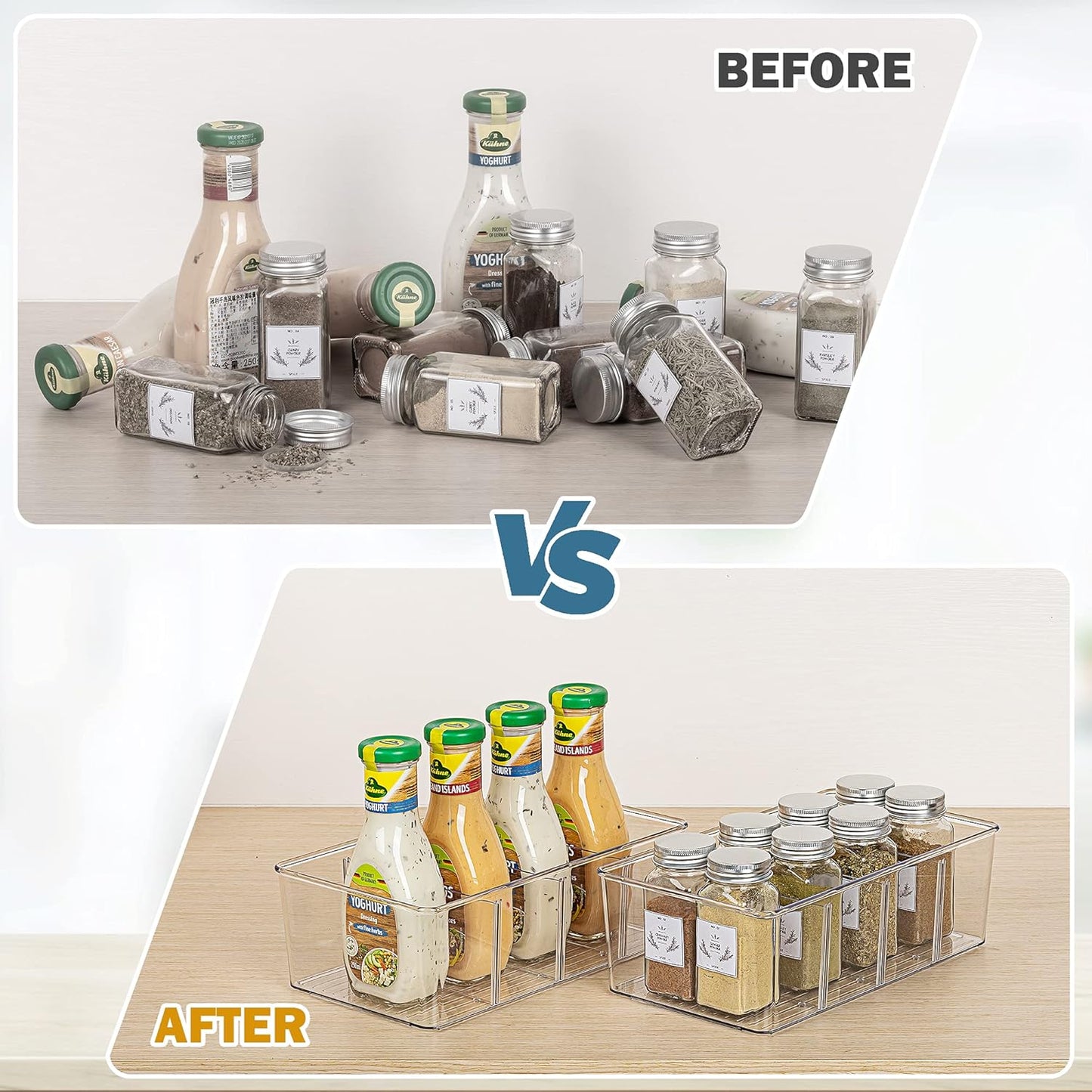 Vtopmart 4 Pack Food Storage Organizer Bins, Clear Plastic Bins for Pantry, Kitchen, Fridge, Cabinet Organization and Storage, 4 Compartment Holder Packets, Snacks, Pouches, Spice Packets