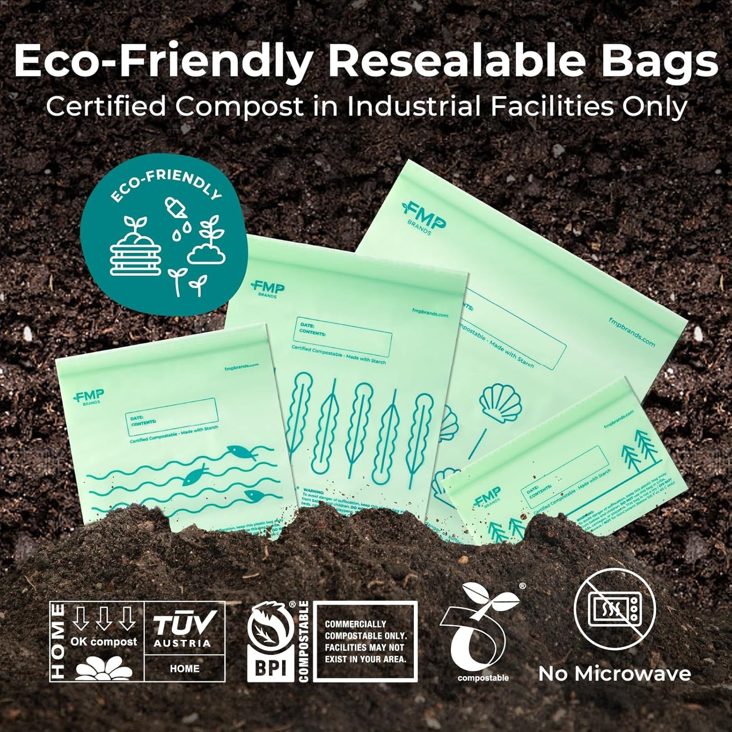 Fit Meal Prep 50 Pack 100% Compostable Food Storage Bags, 1 Gallon Freezer Bags, 10.6 x 11.5" Resealable Bag for Vegetables, Meat, Fruits, ASTM D6400, US BPI & EU OK Compost Certified