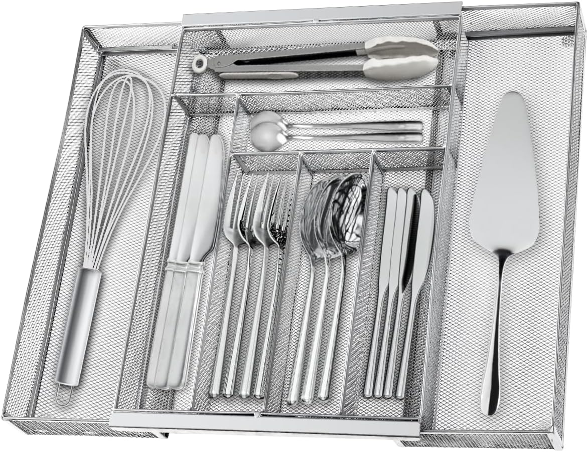 Silverware Organizer Metal Mesh, Large Drawer Organizer, Utensil Cutlery Tray for kitchen drawers, Expandable Flatware Organizer with 8 Compartment Silver 11.6"~20" x 17.3"