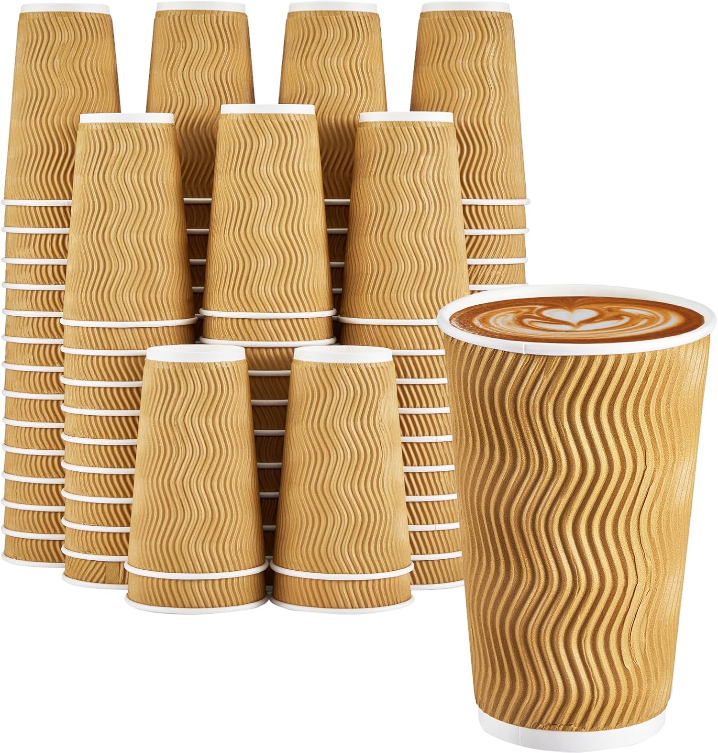 90 Pack 16 oz Disposable Coffee Cups No Lids, Champagne Insulated Ripple Wall Paper Coffee Cups 16oz, Kraft Corrugated Beverage Paper Cups for Hot Chocolate, Home, Travel, Office, Tea