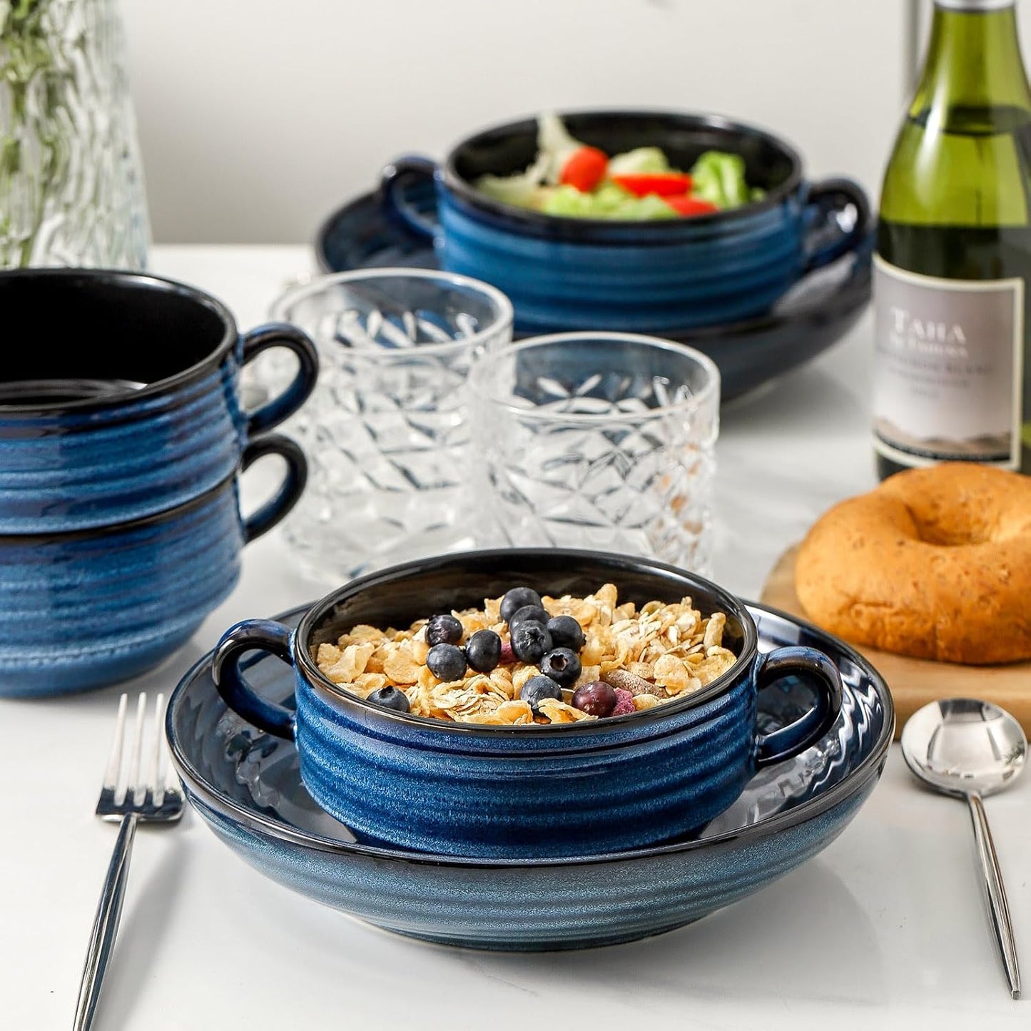 Hasense Ceramic Soup Bowls, 20oz French Onion Soup Bowls with Handle Set of 2, Serving Bowls for Chili, Stew, Salad, Microwave & Dishwasher Safe Soup Crocks, Blue