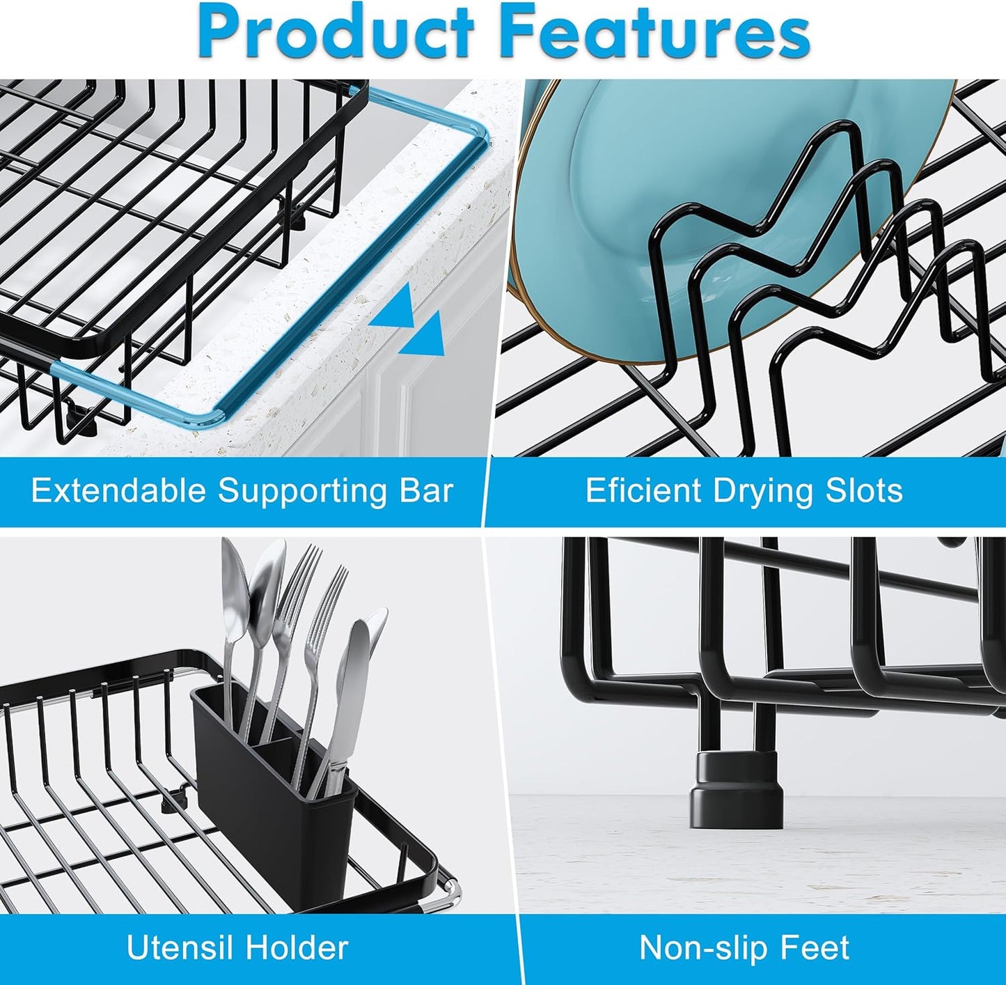 JASIWAY in Sink Dish Drying Rack, Expandable Stainless Steel Dish Drainers for Kitchen Sink, Over Sink Dish Drying Rack with Utensil Holder, 13.1''~16.6''D x 11.8''W, Black