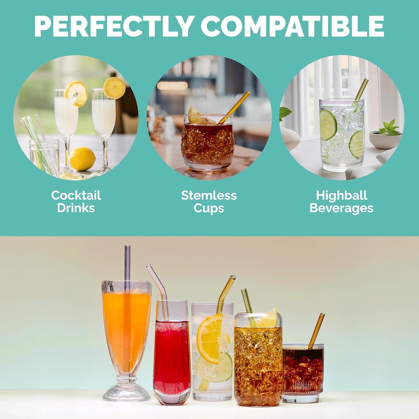 Simply Straws 6 Inch Skinny Glass Straws (6-Pack) - Reusable Cocktail Straws for Mixed Drinks, Low Balls, Coffee & Tea, with Cleaning Brush – Dishwasher Safe, Hot & Cold Use, BPA-Free (Air)