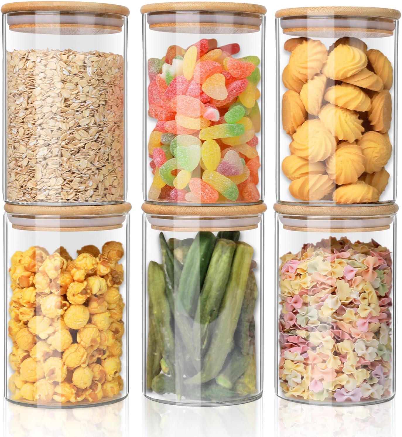 YUNCANG Glass Food Storage Jars 37oz [Set of 6],Clear Glass Food Storage Containers with Airtight Bamboo Lid Stackable Kitchen Canisters for Candy,Cookie,Rice,Sugar,Flour,Pasta