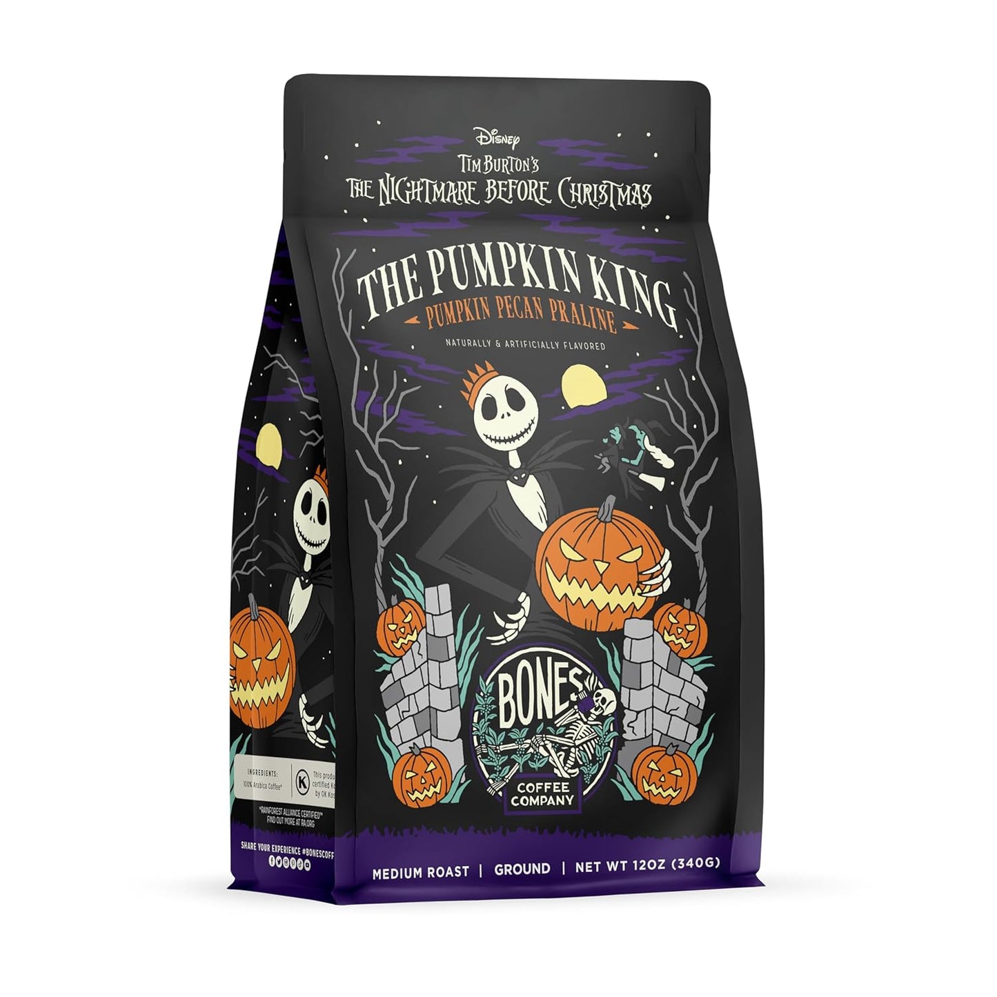 Bones Coffee Company The Nightmare Before Christmas Pumpkin King Flavored Coffee Beans, Medium Roast Ground Coffee Low Acid, Pumpkin Pecan Praline Flavor (12 oz)