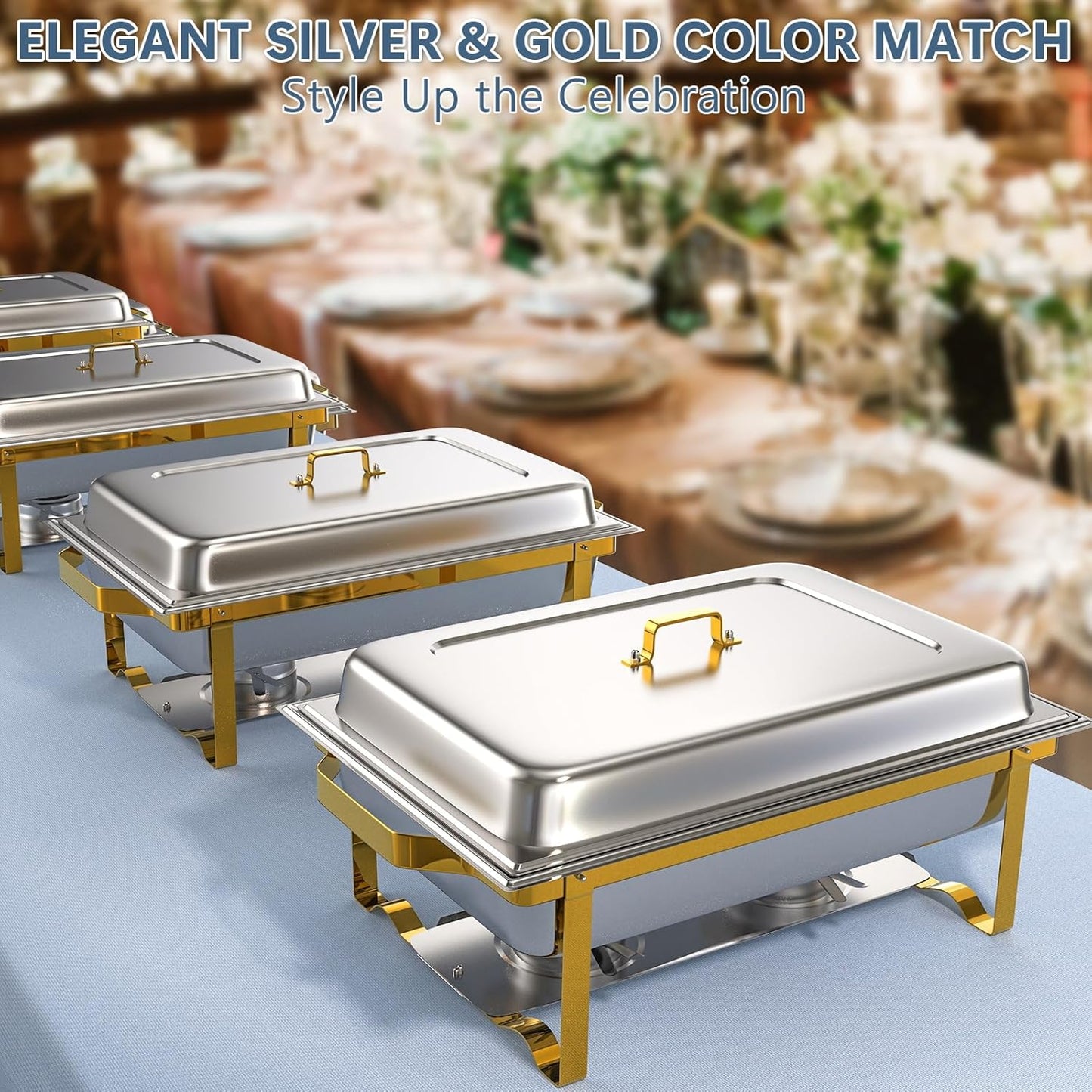SIOTMERA 9QT Chafing Dishes for Buffet 4 Pack, Multiple Food Pans Thickened Stable Stainless Steel Chafing Dish Buffet Set, Rolled Edge Design Food Warmers for Party Catering Weddings, Gold and Silver