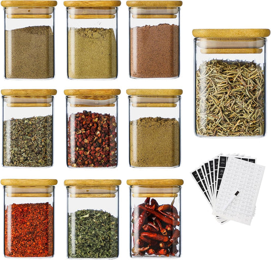 10Pcs 7oz Spice Jars Glass Container with 275 Labels, Airtight Seasoning Empty Organizer with Bamboo Lid Set for Pepper, Salt, Sugar