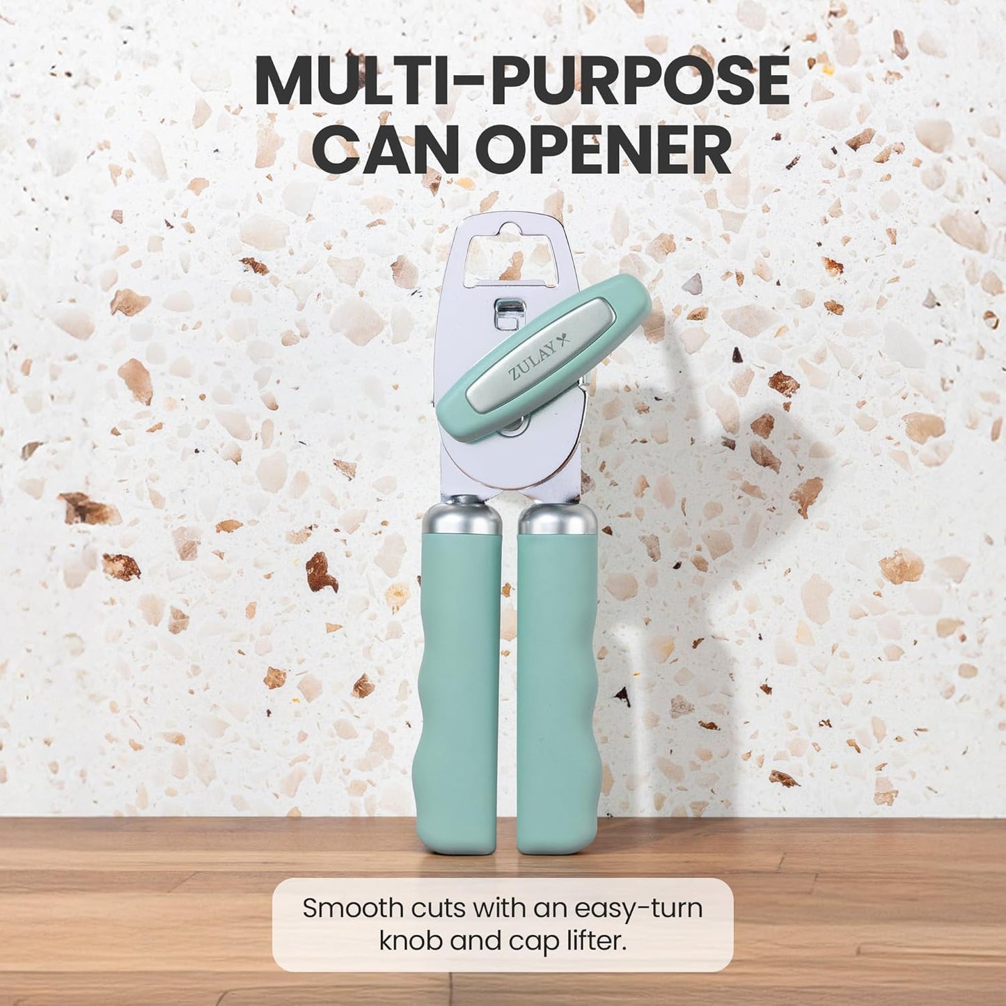 Zulay Kitchen Heavy Duty Stainless Steel Can Opener Manual with Bottle Opener - Rust Proof Manual Can Opener With Turn Knob & Comfy Soft Grip Handles - Mint