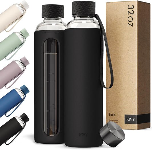 KIVY Glass Water Bottle with Silicone Sleeve 32 oz [WITH MEASUREMENT] - Borosilicate Glass Water Bottle Screw Top - Black Waterbottle Aesthetic - Clear Bottles with Measurement Marking