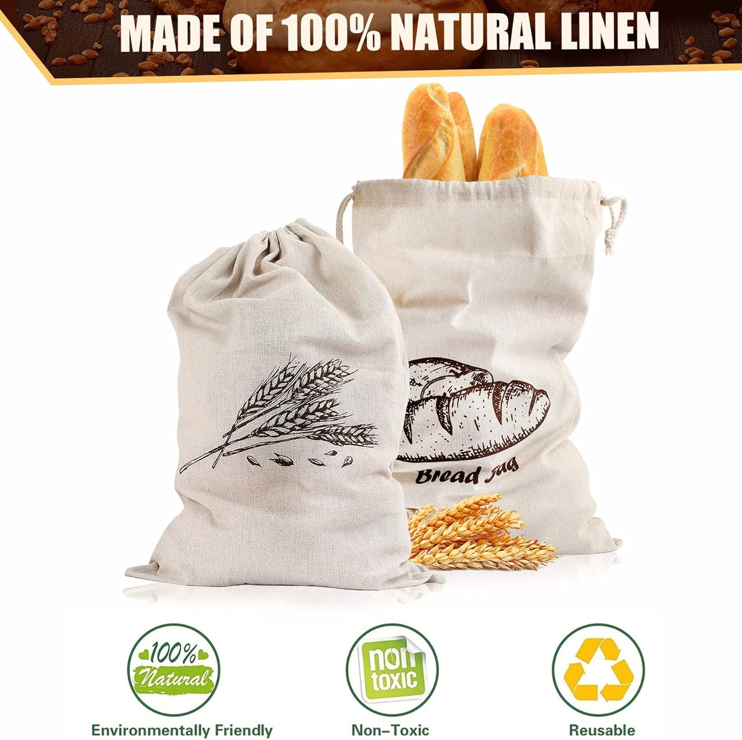 Augshy Linen Bread Bags for Homemade Bread Container, 4 Pcs 17.5 X11.5 Inches Unbleached & Reusable Bread Storage, Natural Large Storage for Artisan Bread