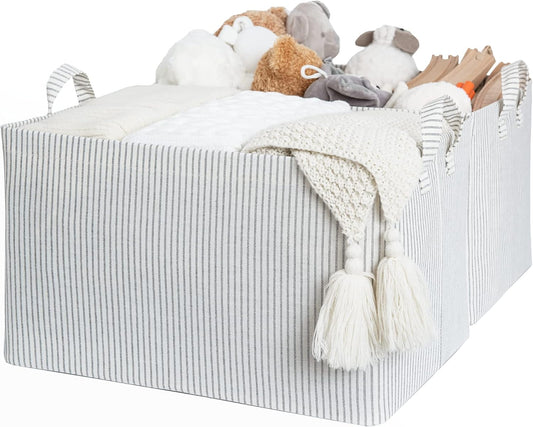 StorageWorks 45L Large Storage Bins for Closet and Shelves, Fabric Organizer Baskets with Metal Frame for Clothes, Towels, Collapsible Storage Basket, Gray and White Stripes, 2-Pack