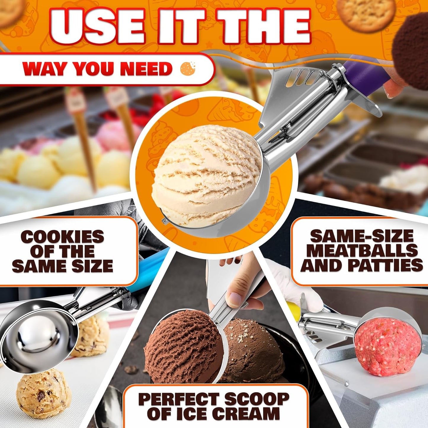 Cookie Scoop Set - Ice Cream Scoop with Trigger - Cookie Scoops for Baking Set of 3, #16 (2.7 oz), #20 (2 oz), #30 (1.25 oz), Stainless Steel Versatile Tool for Baking, Cookies, and Desserts