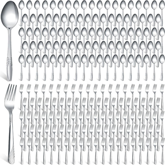 Nuogo 200 Pieces Forks and Spoons Silverware Set Stainless Steel Flatware Cutlery Set Dinner Forks and Spoons Mirror Polished Dishwasher Safe Utensil for Kitchen Restaurant or Home