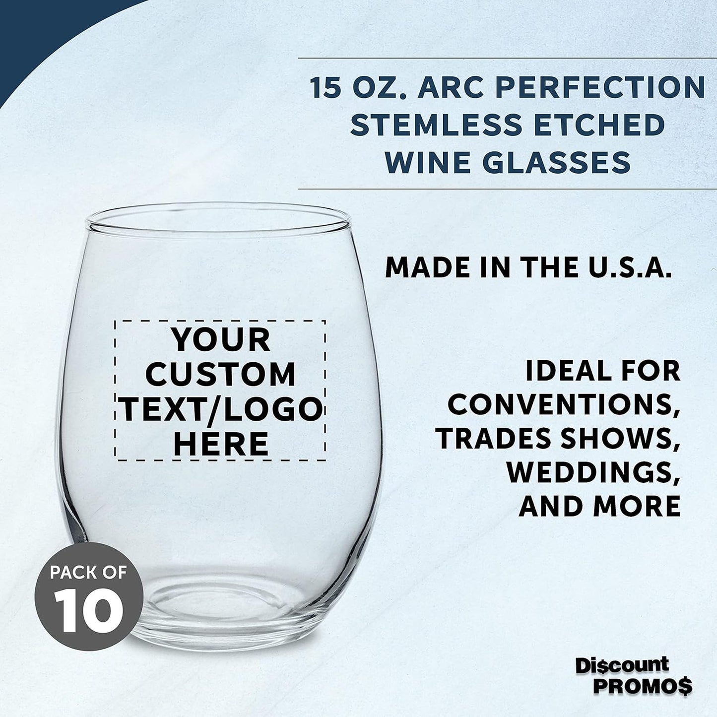 Custom Stemless Wine Glasses by ARC Perfection 15 oz. Set of 10, Personalized Bulk Pack - Restaurant Glassware, Perfect for Red Wine, White Wine, Cocktails - Clear