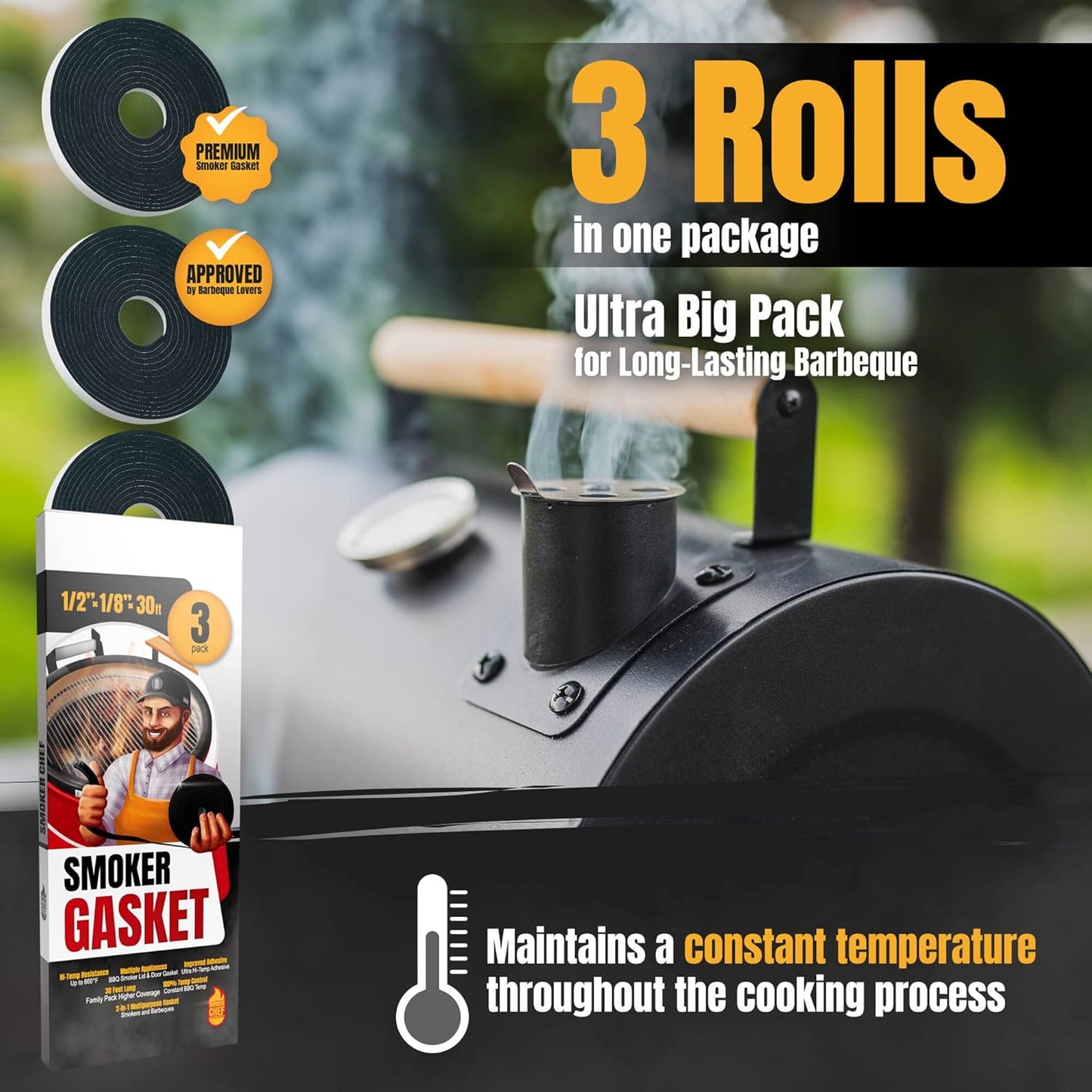 XXL 30 FT Grill Gasket for Smokers - Black 1/2’’ x 1/8’’ Hi Temp Seal Smoker Gasket – 3-Pack x 10 FT Self Stick Black Nomex Fire Tape for BBQ Lid – High Heat Temperature Material Replace