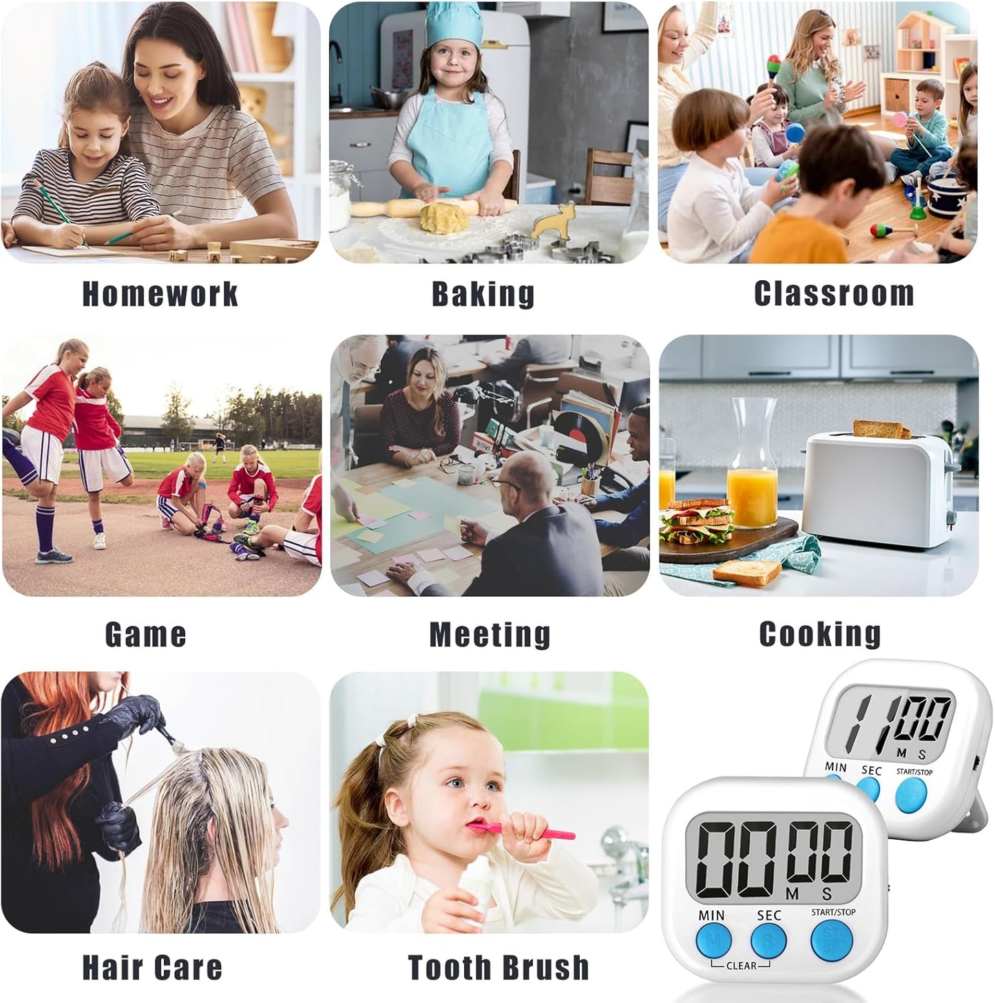 ZILLEEN Kitchen Timer Digital with Magnetic Back for Kids Classroom, White 6 Pack