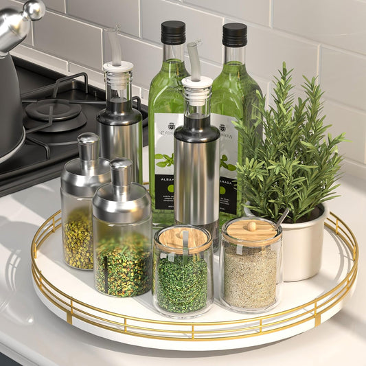 13“ Wooden Lazy Susan Turntable for Cabinet – Round Rotating Spice Rack Organizer, White Kitchen Countertop Tray for Dining Table & Pantry Storage (White & Gold)