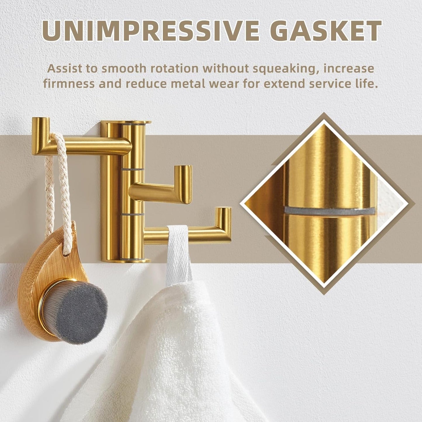 Suyar Brushed Gold Towel Hook, SUS 304 Stainless Steel Bathroom Coat Robe Holder with 3 Swivel Arms, Wall Hook for Kitchen Entry Garage