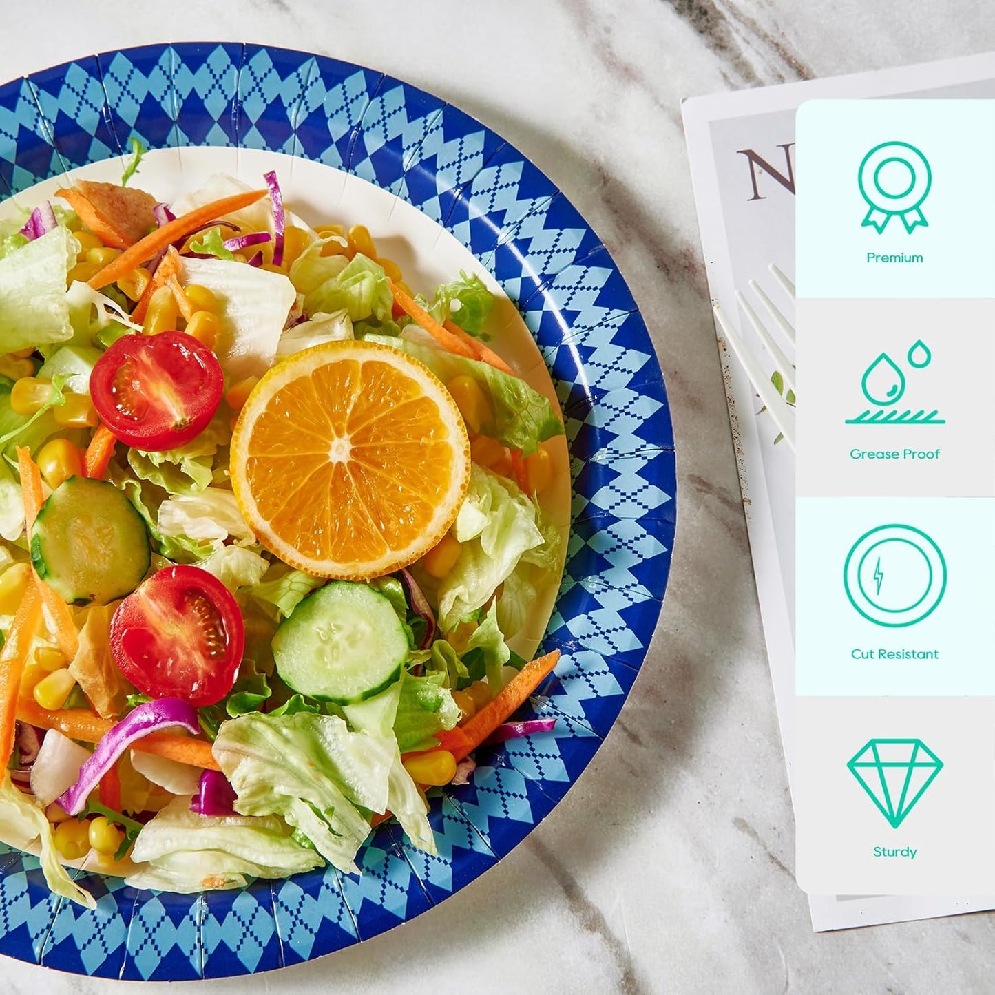 JOLLY PARTY 8.37 inch Disposable Paper Plates, 300 Count Dinner Plates, Soak Proof, Cut Proof for Everyday Use, Navy Diamond Pattern Rim Design