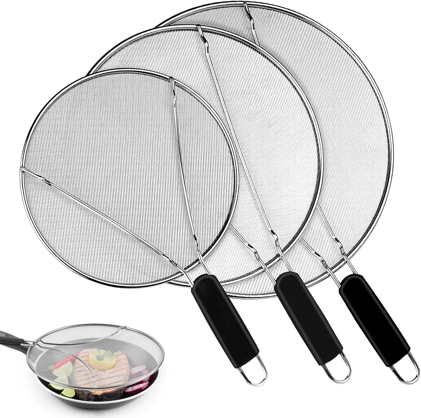 Splatter Screen for Frying Pan - 9.8" 11.4" 13" Stainless Steel Fine Mesh Grease Splatter Guard with Silicone Handle, Hot Oil Splash Guard for Cooking to Prevent Oil Splatter, Safe Cooking