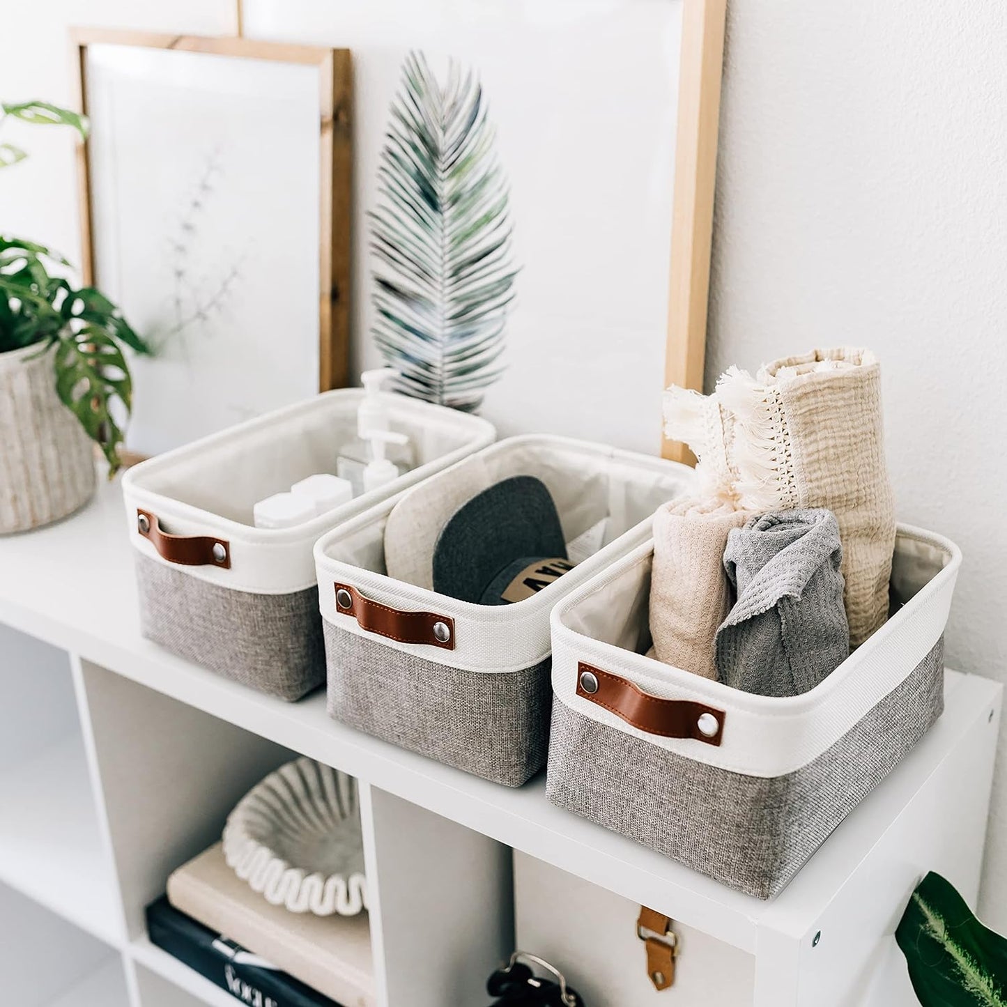 OrganiHaus Small Fabric Storage Bins for Shelves 3 Pack, 12x8in Closet Storage Bins for Shelves, Cloth Baskets for Organizing, Linen Closet Organizers, Fabric Basket, Shelf Organizer Bins Gray/White