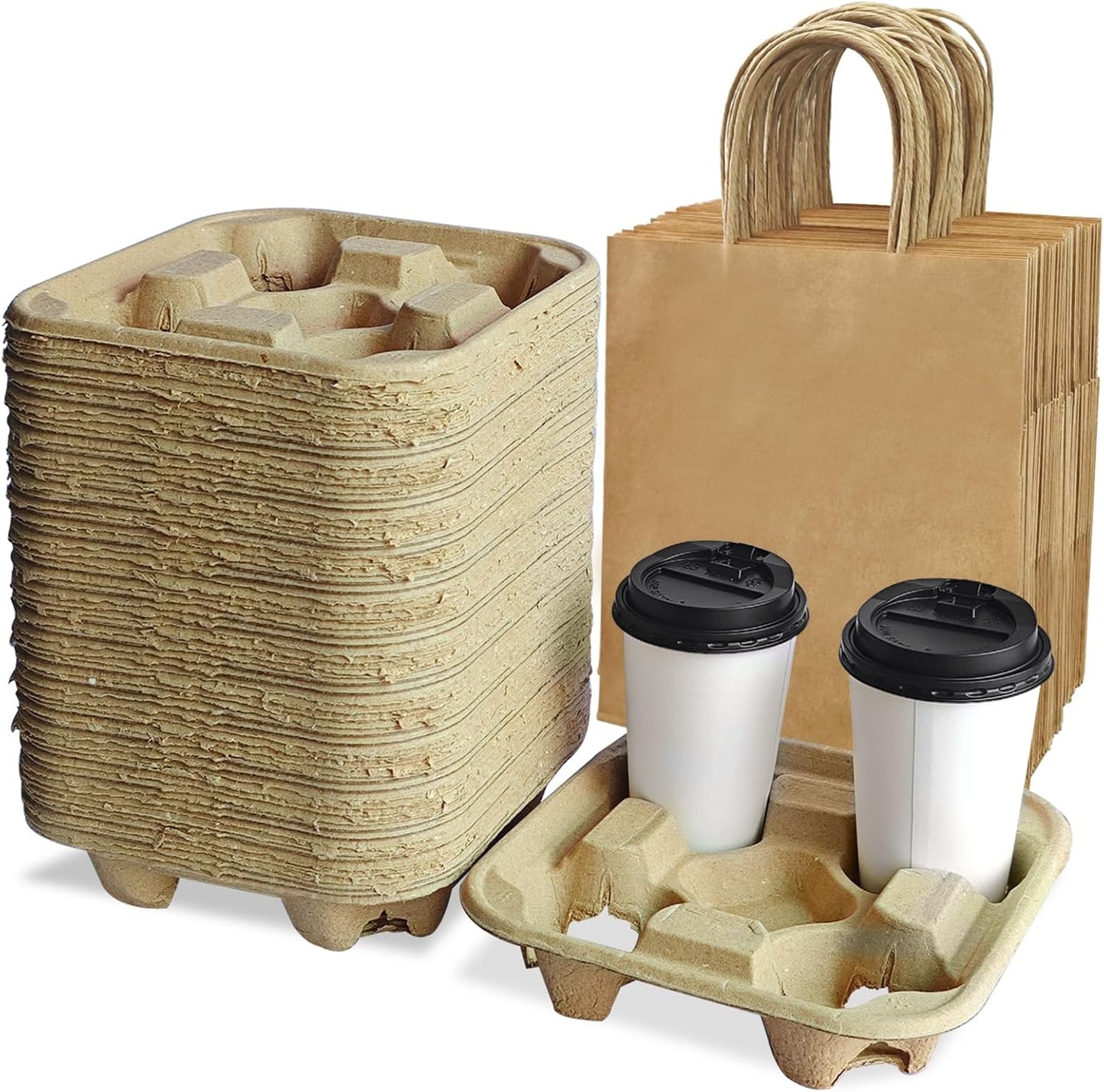 Take-Out Paper Bags and Four Drink Paper Trays 25 Pack, Four Cup Carrier Tray Coffee Cup Holder Disposable Cup Holder Tray,Brown Baper Bags with Handles Bulk (Four-Cup Size)