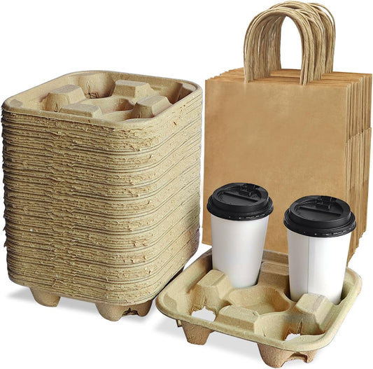 Take-Out Paper Bags and Four Drink Paper Trays 25 Pack, Four Cup Carrier Tray Coffee Cup Holder Disposable Cup Holder Tray,Brown Baper Bags with Handles Bulk (Four-Cup Size)