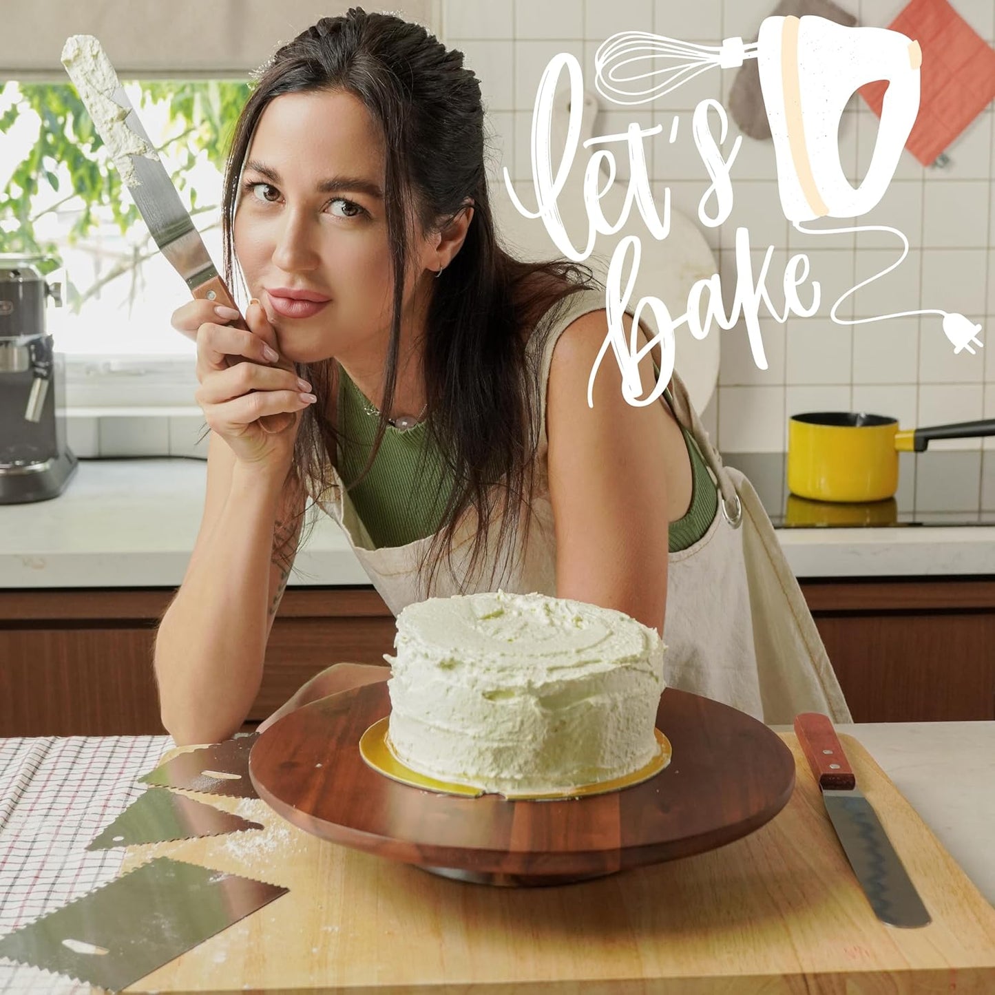 13" Acacia Cake Stand Rotating – Rustic Wood Turntable Pedestal Stands – Wooden Spinning Tables for Food Serving - Round Cake Decorating for Cupcake Dessert Display in Party, Wedding, Birthday