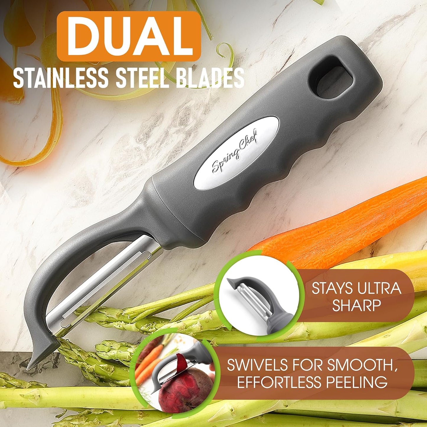 Spring Chef Premium Swivel Vegetable Peeler, Comfortable Handle and Ultra Sharp Stainless Steel Blades - Perfect Kitchen Peeler For Veggie, Fruit, Potato, Carrot, Apple - Gray
