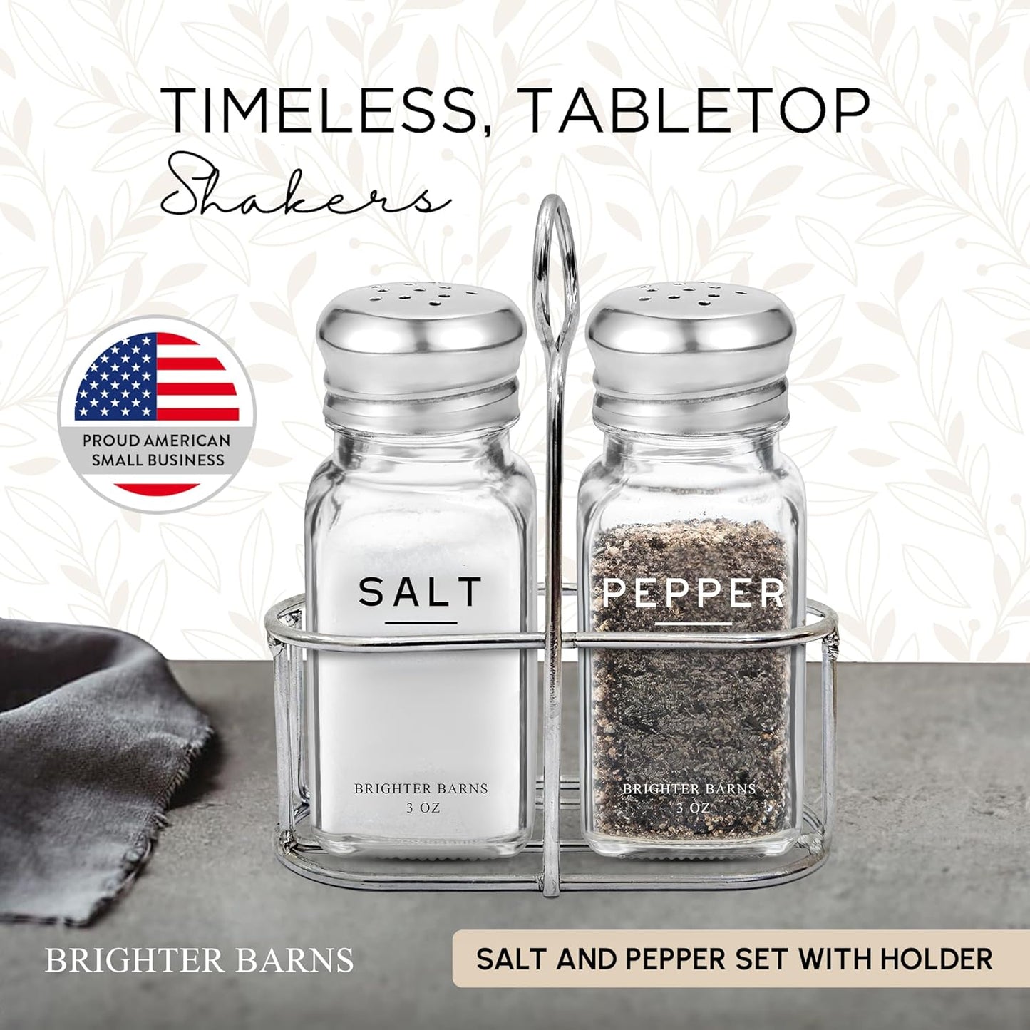 Glass Salt and Pepper Shakers Set with Holder by Brighter Barns - Modern Kitchen Decor, Dining Table Countertop Accessory - Cute Salt and Pepper Set with Caddy for Restaurants, Farmhouse Decor (Clear)