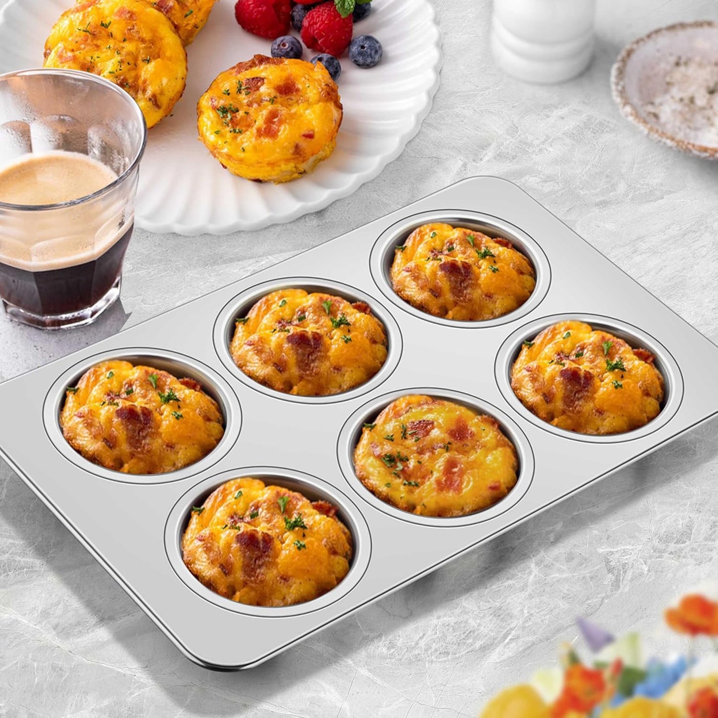 Homikit 2 Pack Muffin Pan, Stainless Steel Cupcake Baking Tin with 6 Cups Regular Size, 11.4 x 7 Inches Metal Egg Bites Tray for Toaster Oven, Rust Free & Non Toxic, Easy Release & Dishwasher Safe
