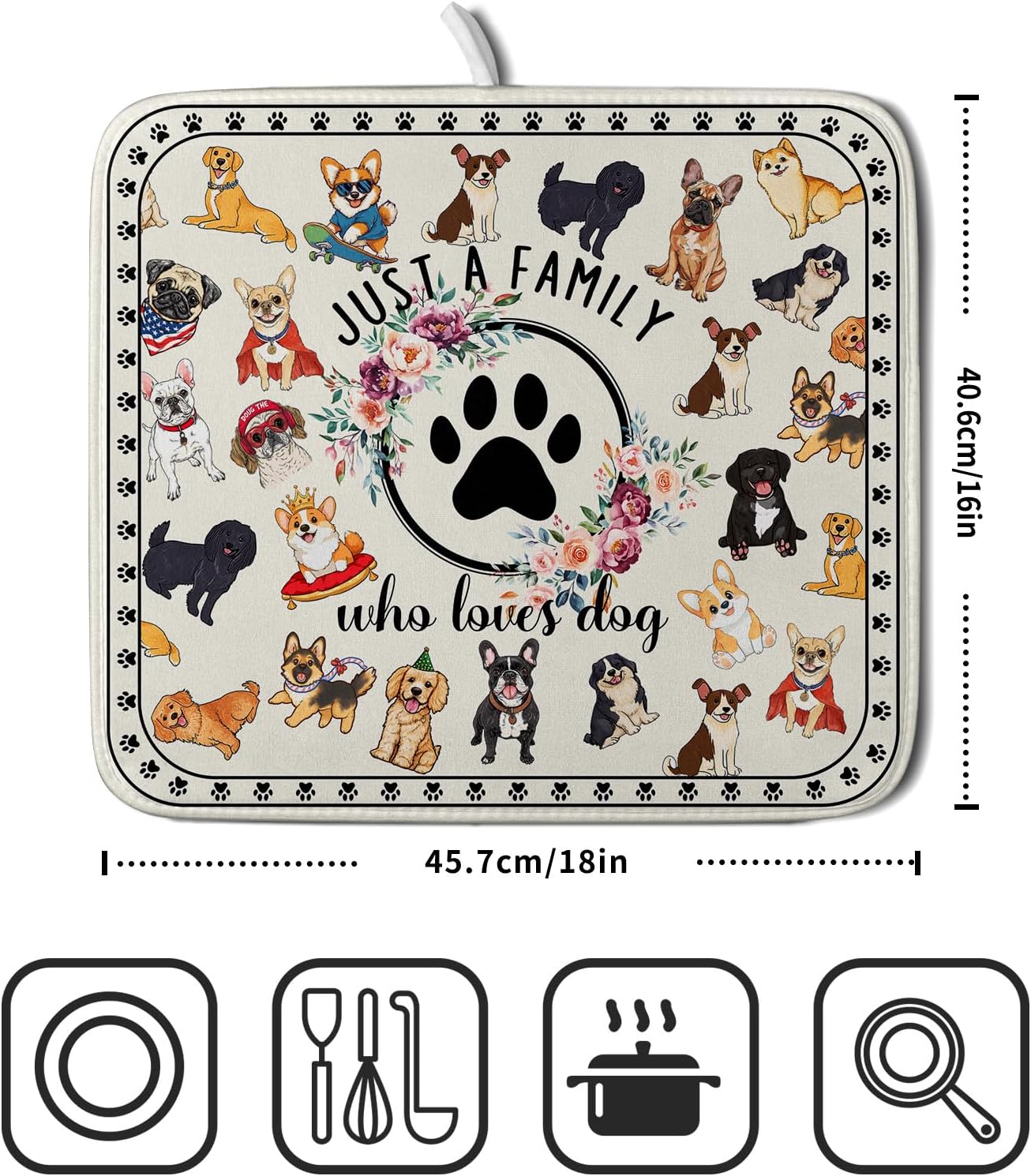 Lovely Dogs Dish Drying Mat Absorbent Printed Drying Pad for Kitchen Counter