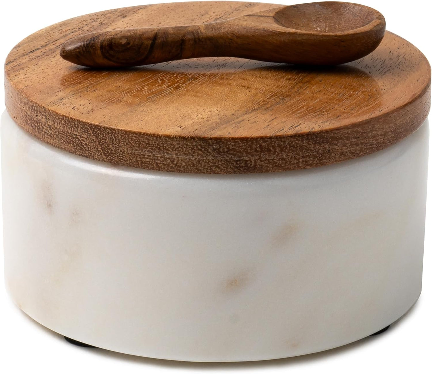Cork & Mill White Marble Salt Cellar with Acacia Wood Lid and Spoon - Elegant Modern Handcrafted Container for Countertop - Keeps Spices Dry - Wide 4” Salt Pig with Non-Skid Feet