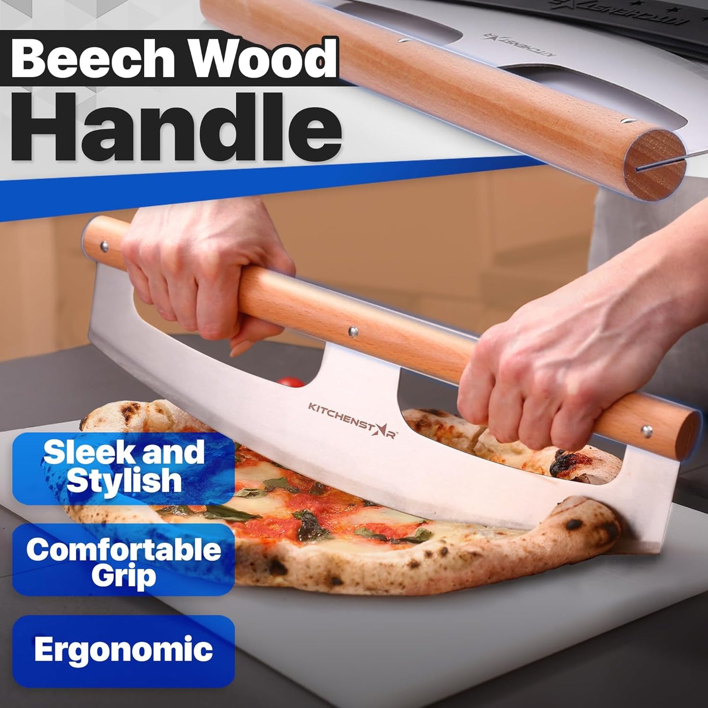 KitchenStar 16-Inch Pizza Cutter Rocker Blade - Razor Sharp Stainless Steel Slicer Knife, Stylish Beech Wood Handle, Protective Cover - Professional Pizza Oven Accessories, Silver