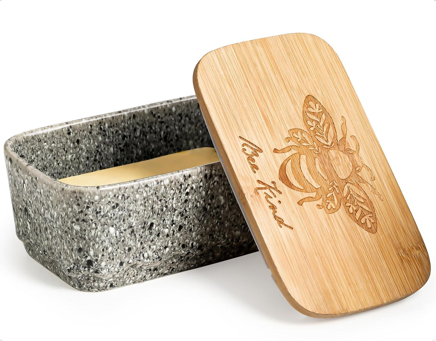 Ceramic Butter Dish with Lid, Covered Butter Dish for Countertop and Refrigerator, Large Butter Keeper Holder with Airtight Seal, HoneyBee Kitchen Decor, Gray