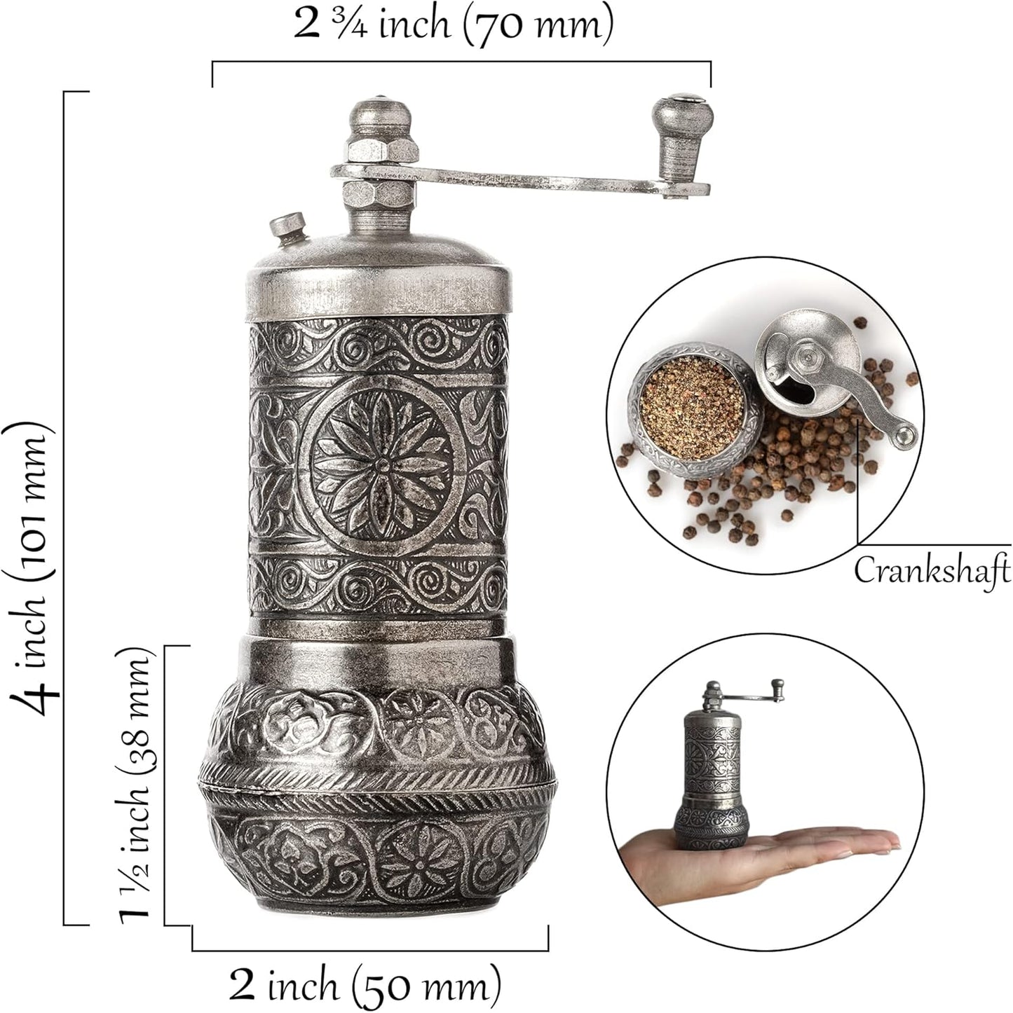 Decorative Black Pepper Grinder, Refillable Turkish Spice Mill with Adjustable Coarseness, Manual Pepper Mill with Handle, Spice Grinder Metal with Hand Crank, Dark Silver