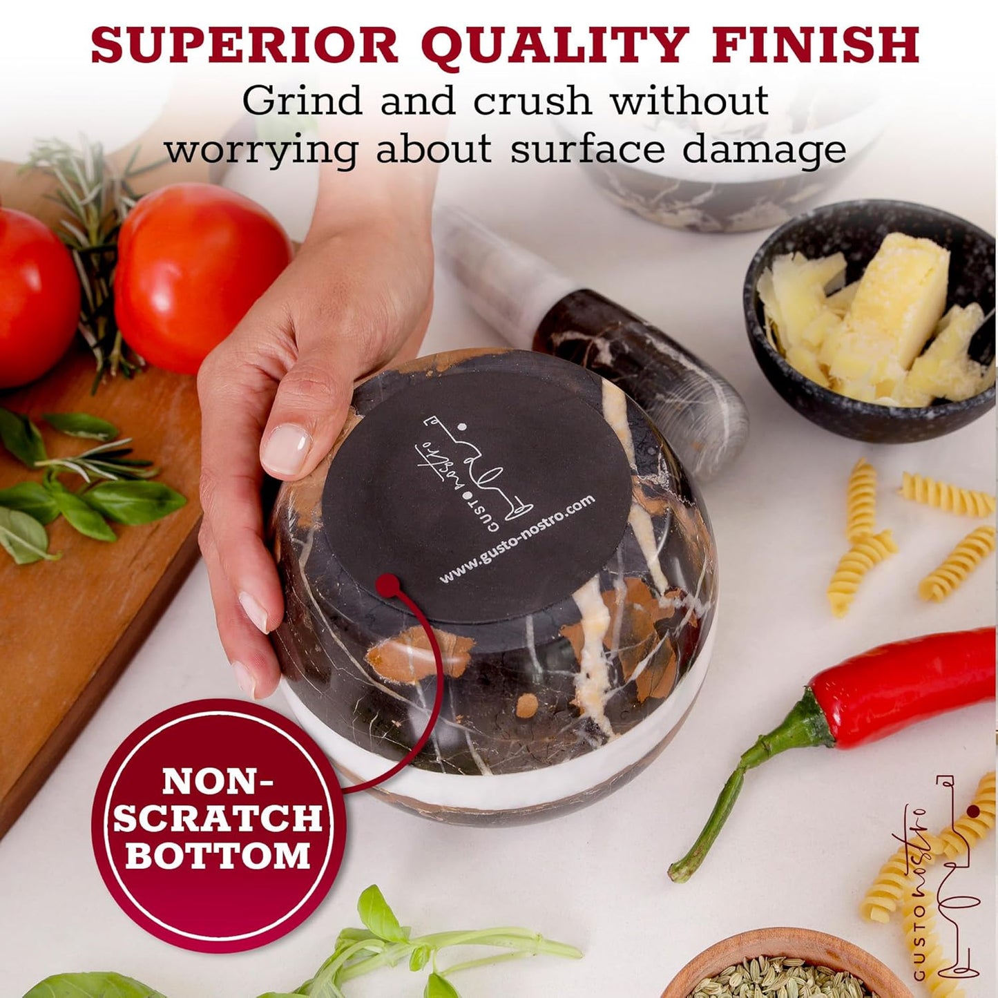 Gusto Nostro Natural Marble Mortar and Pestle Set | 5 Inch - 2.5 Cup Large Mortar Pestle Set for Grinding Herbs, Nuts, Grains | Pesto Grinding and Guacamole Stone Bowl | Marble Spice Crusher