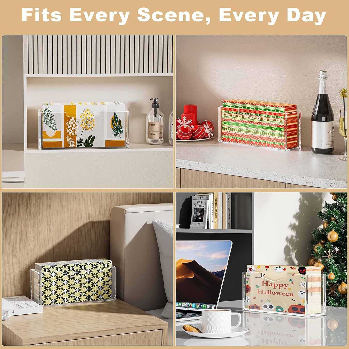 HELPLEX Clear Acrylic Guest Towel & Napkin Holder - Waterproof Splash-Proof Vertical Design for Bathroom, Kitchen, Dining Table - Home Hotel Office Organizer (2-Pack)