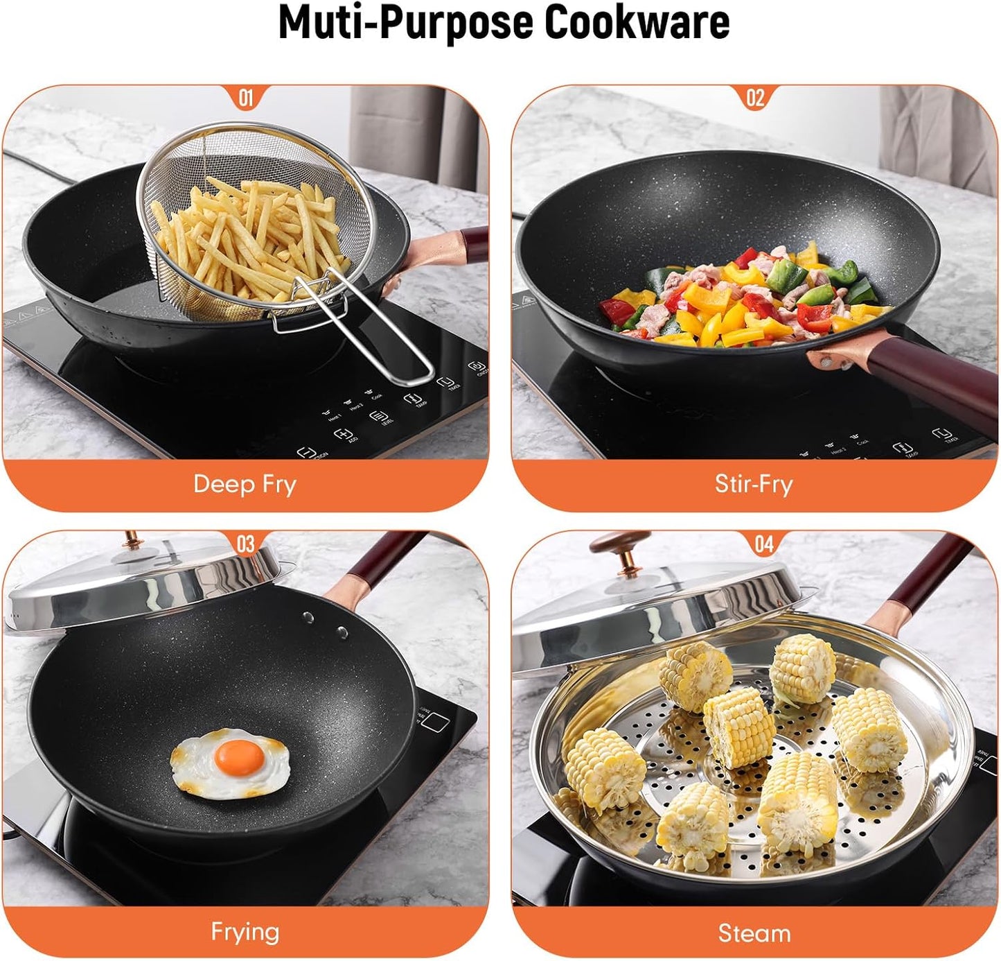 12.5” Woks & Stir-Fry Pans with Lid Steamer, Nonstick Ceramic Wok Pan with Lid, Deep Large Induction Hard Anodized Frying Wok, Carbon Steel Wok Set Flat Bottom, Large Saute Pan Set