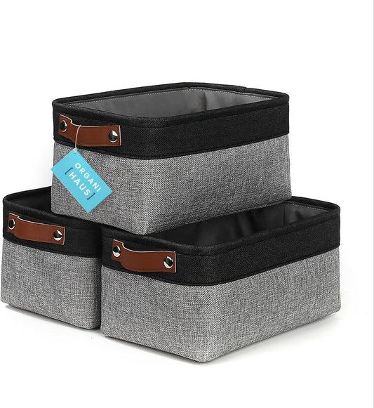 OrganiHaus Small Fabric Storage Baskets for Shelves 3 Pack, 12x8in Closet Storage Bins for Shelves, Cloth Baskets for Organizing, Linen Closet Organizers, Fabric Basket, Gray/Black