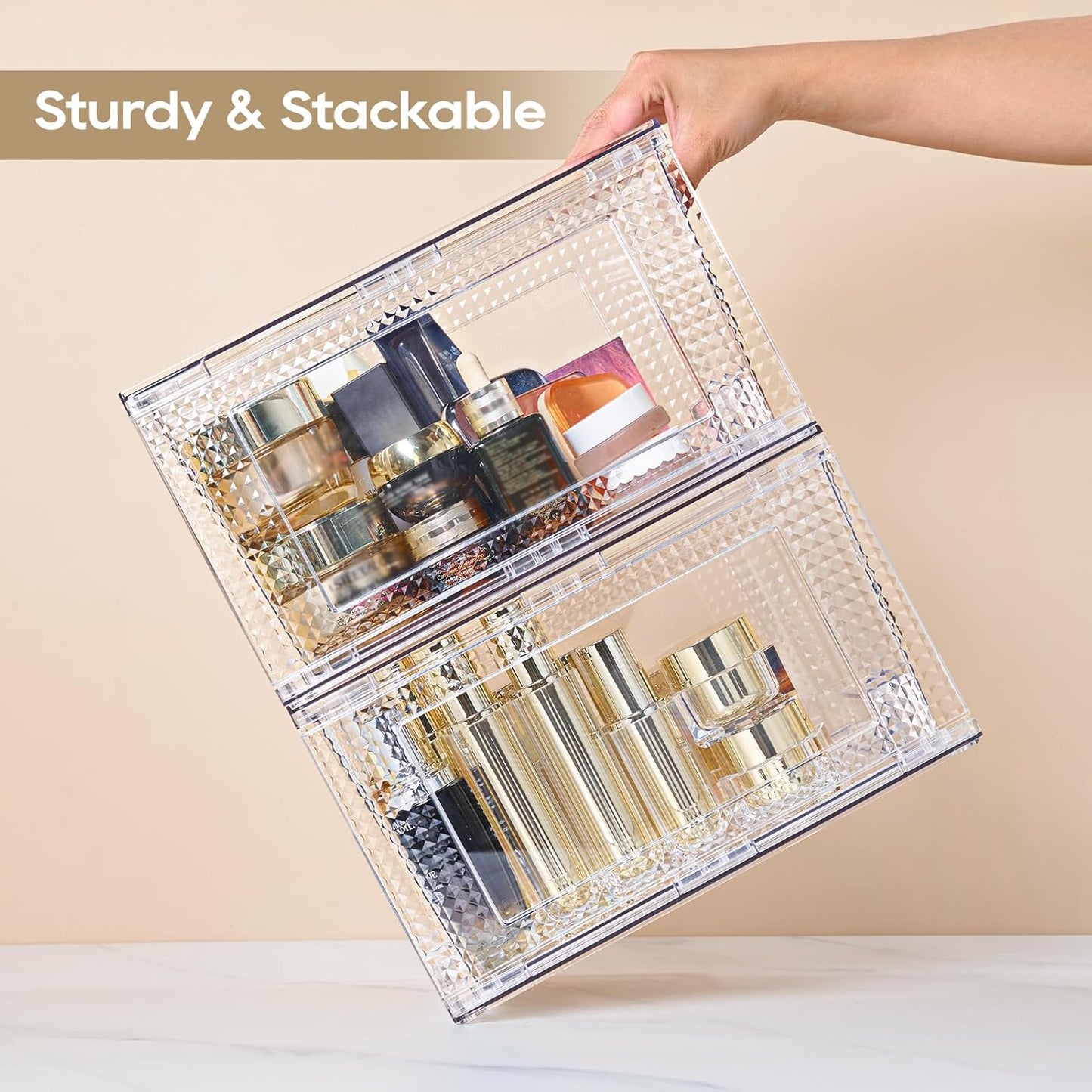 JollyPack 4 Pack Clear Stackable Storage Drawers, Easy to Assemble Multi-Use Bathroom Organizers and Storage, Suitable for Vanity, Bathroom, Makeup, Under Sink, Office, Kitchen and Pantry