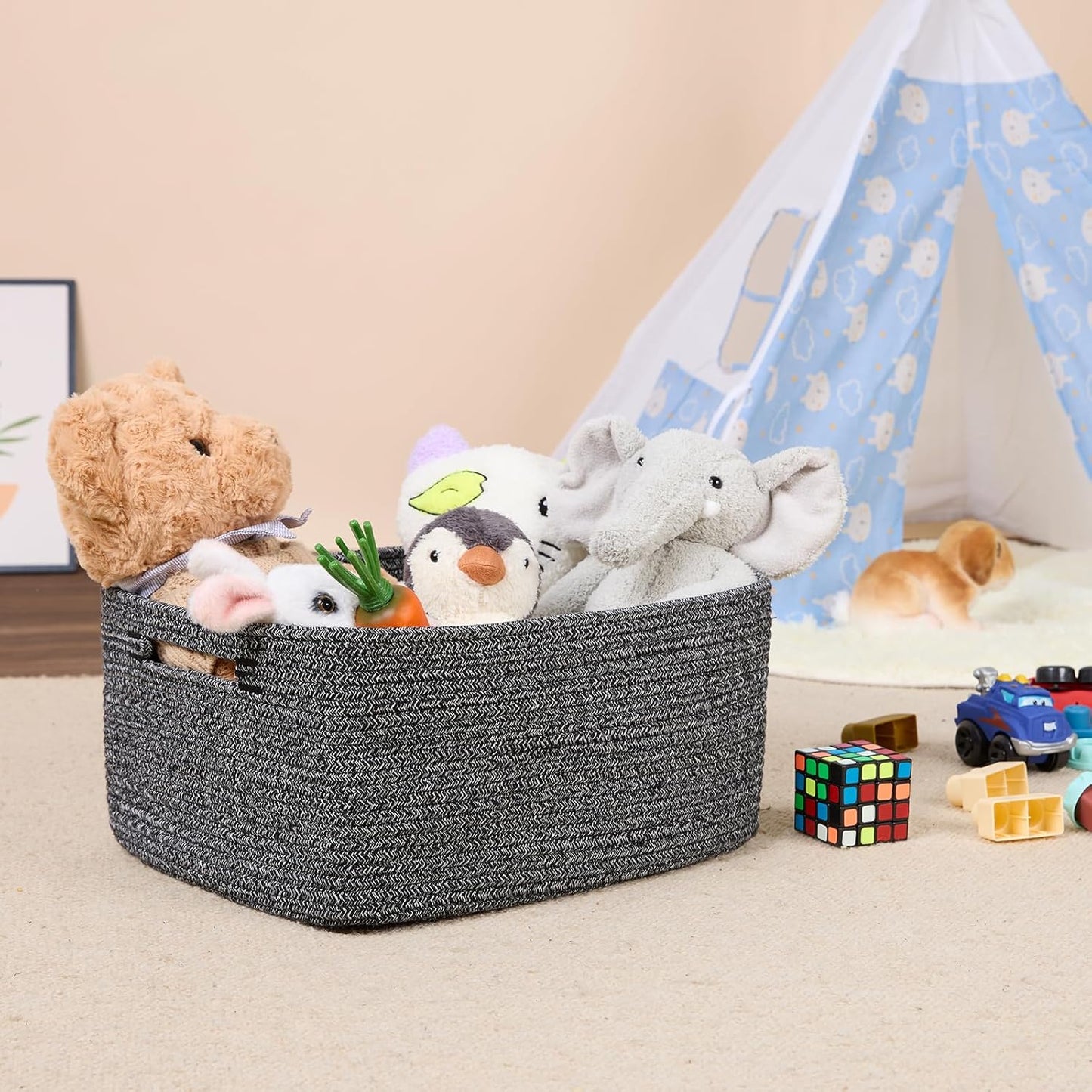 Large Storage Baskets for Shelves, Closet Organizers Bins for Clothes Blanket Towels, Baby Nursery, Toy Baskets Box, Woven Rope Baskets, 17 x 13 x 7.5”, 3 Packs Dark Gray