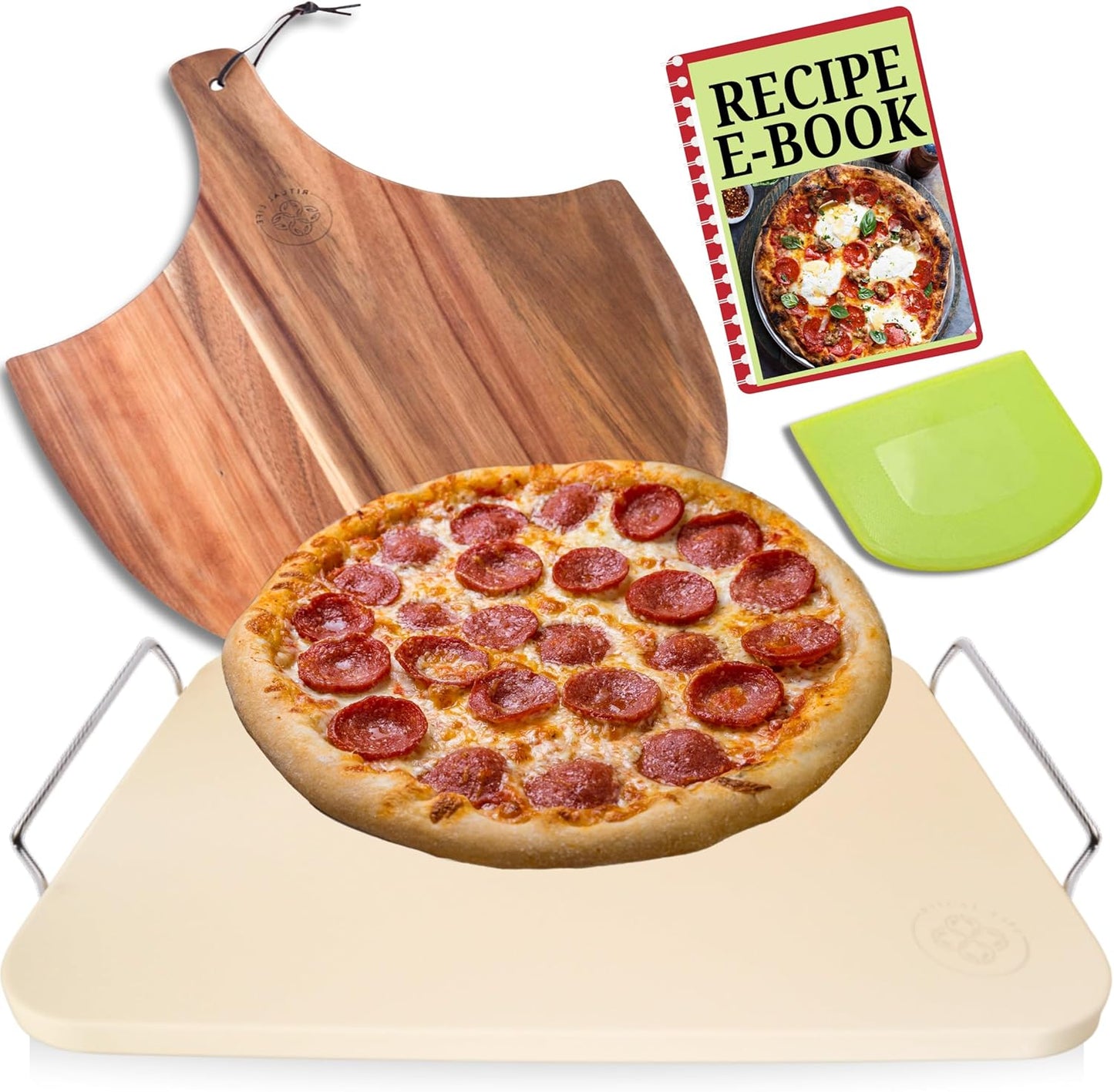 Pizza Stones for Oven - Pizza Stone for Grill with Handles, Wooden Peel and Dough Cutter - 15 inch x 12 inch Grilling Stones - Baking Stone for Bread - Pizza Making Set