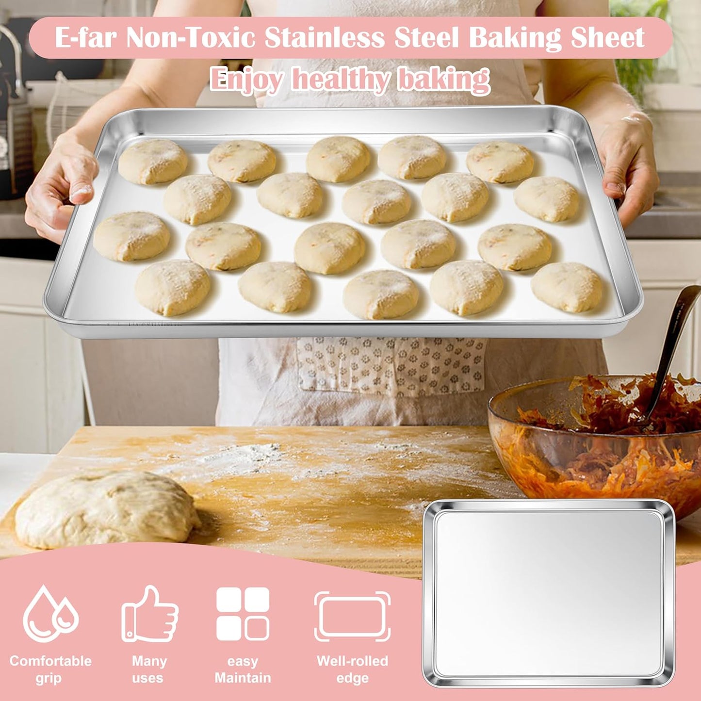 E-far Cookie Sheets for Baking, 18”x13” Stainless Steel Baking Sheet Pans for Oven, Large Non Toxic Metal Baking Tray for Baking Roasting, Healthy & Rust Free, Mirror Finish & Dishwasher Safe, 2 Pack