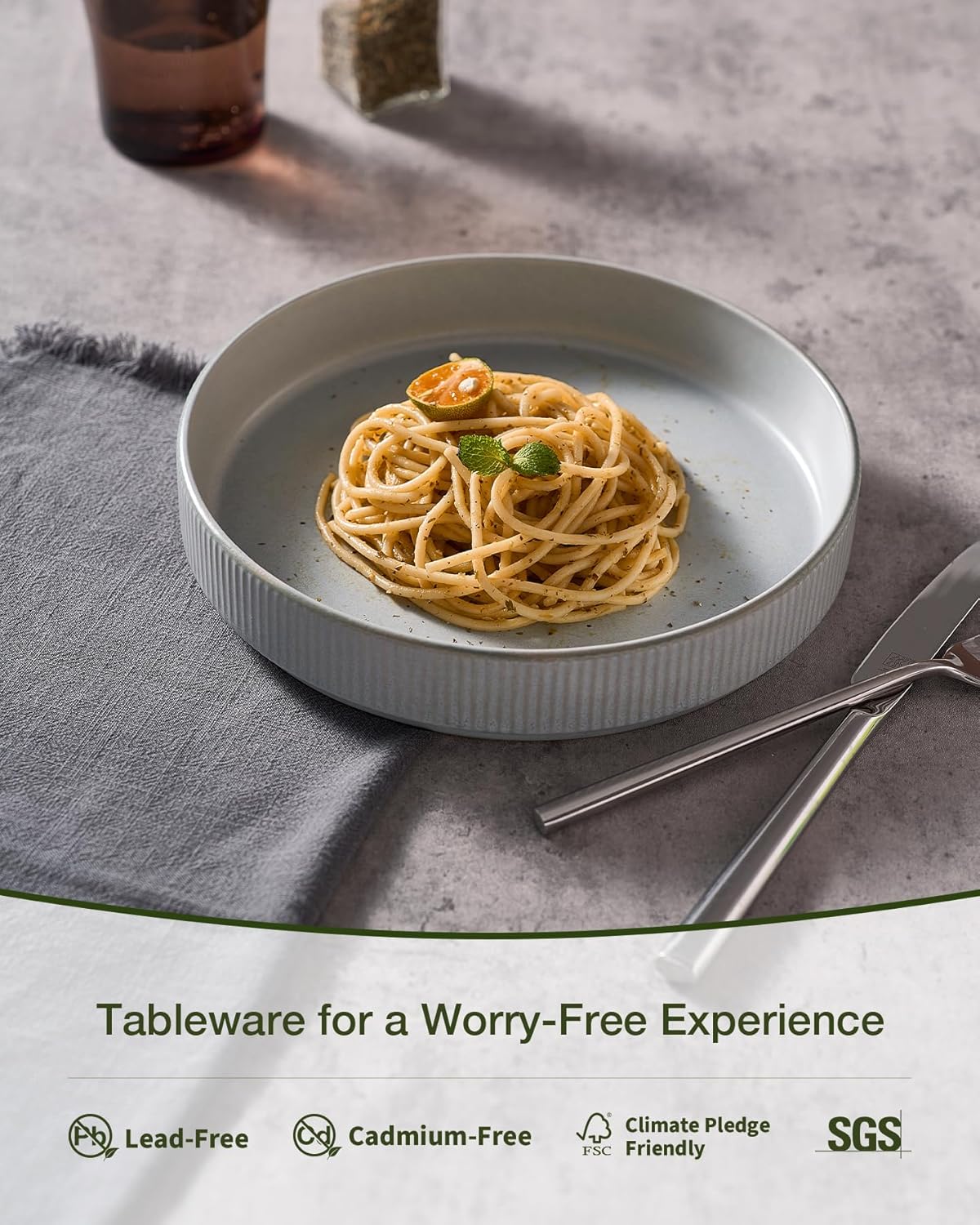 famiware Star 8.25" Pasta Bowls, Large Dinner Bowls Set of 4, Salad Bowl Plates, Shallow Bowls for Eating, Light Gray