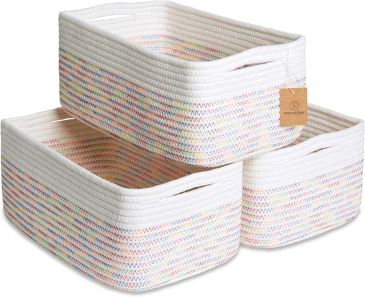 NaturalCozy 13.5”x8.5”x5.5” Rectangle Storage Baskets for Shelves 3 Pack | Cotton Rope Woven Small Baskets for Organizing | Small Storage Bins for Nursery, Bathroom, Closet, Shelf, Decorative