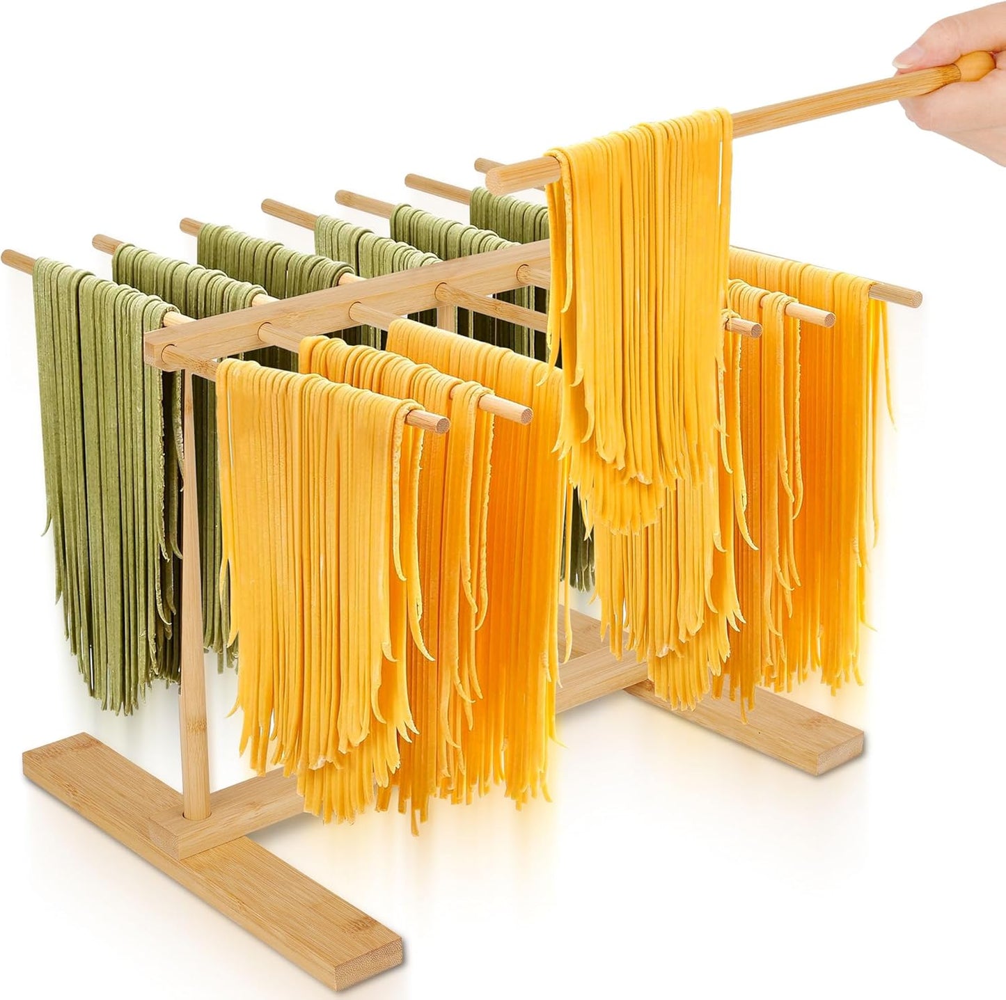 CycForge Bamboo Pasta Drying Rack with 14 Rods & Transfer Wand - Large Capacity Collapsible Stand for Fresh Homemade Spaghetti, Foldable Space Saving Storage