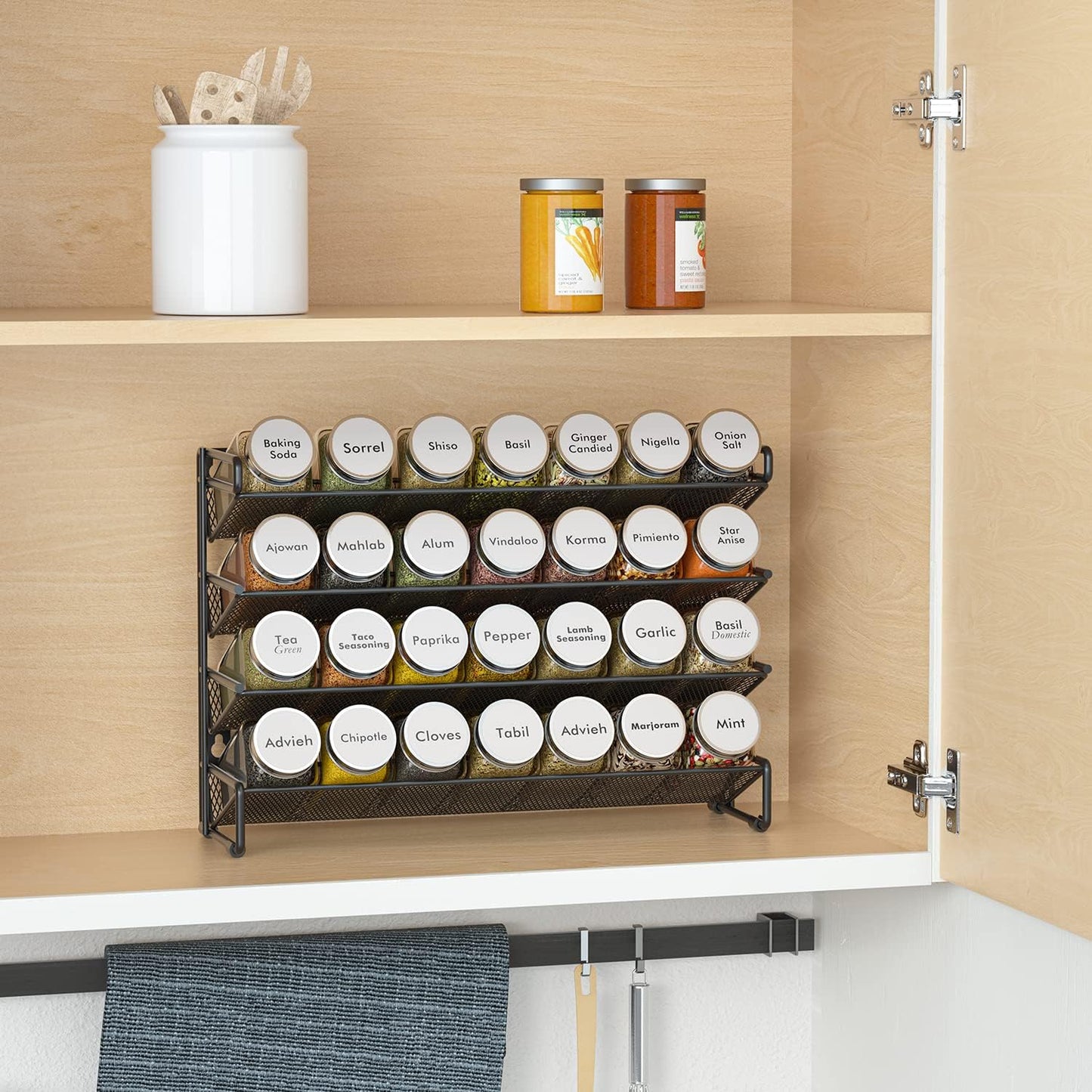 SpaceAid Spice Rack Organizer with 28 Spice Jars, 386 Spice Labels, Chalk Marker and Funnel Set for Cabinet, Countertop, Pantry, Cupboard or Door & Wall Mount - 28 Jars, 13.4" W × 10.8" H, White