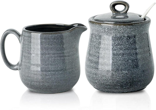 Hasense Porcelain Sugar and Creamer Set, 11 Oz Sugar Bowl with Lid and Spoon and 10 Oz Cream Pitcher, Farmhouse Coffee Sets for Serving, Dishwasher Safe, Grey