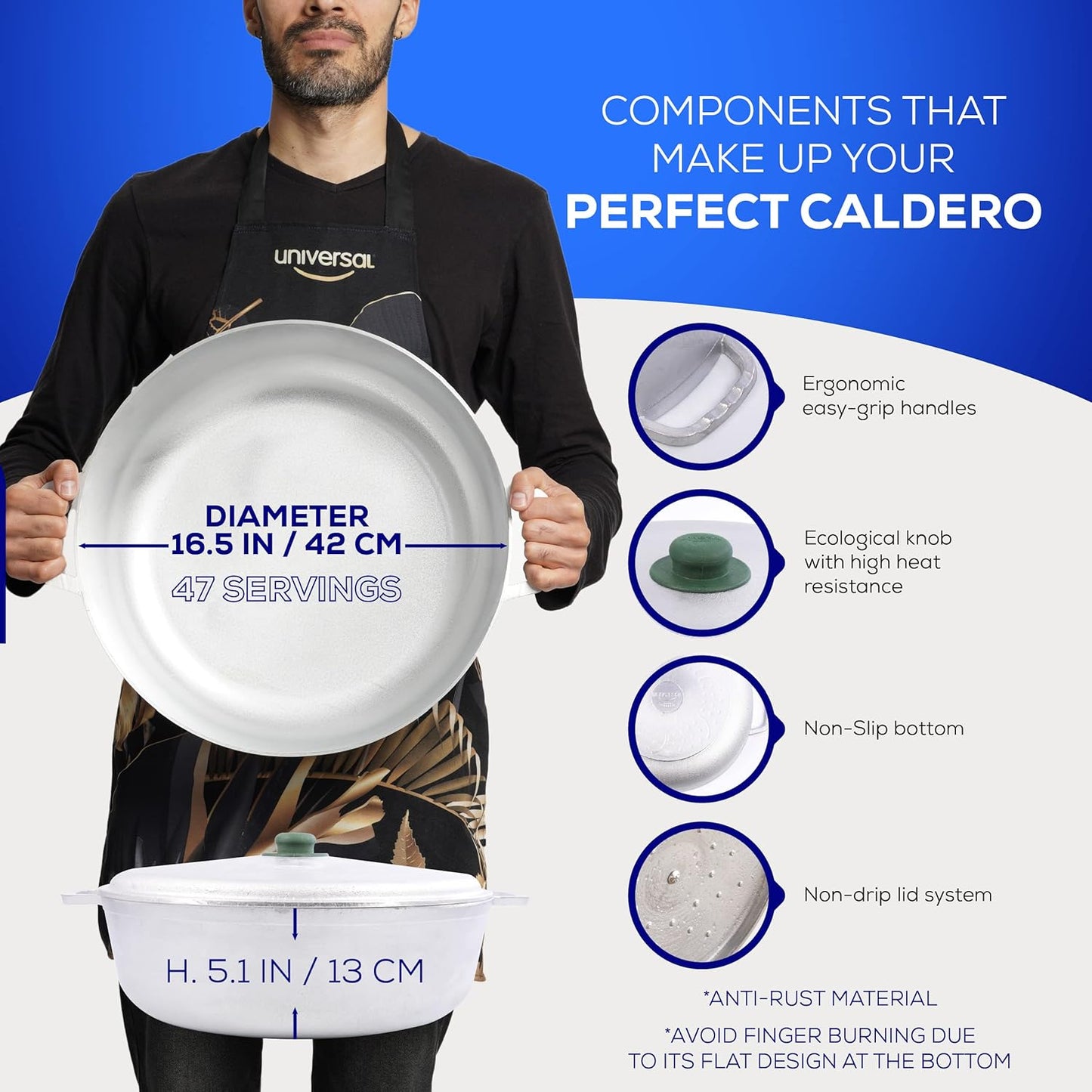 Universal (Professional Large) Caldero 47 Cups - 17 QT / 16 L, Stainless Aluminum Pot, Even Heat Distribution and Fast Cooking Dutch Oven Pot, Ergonomic Handles, Ideal for Rice, and French Fries